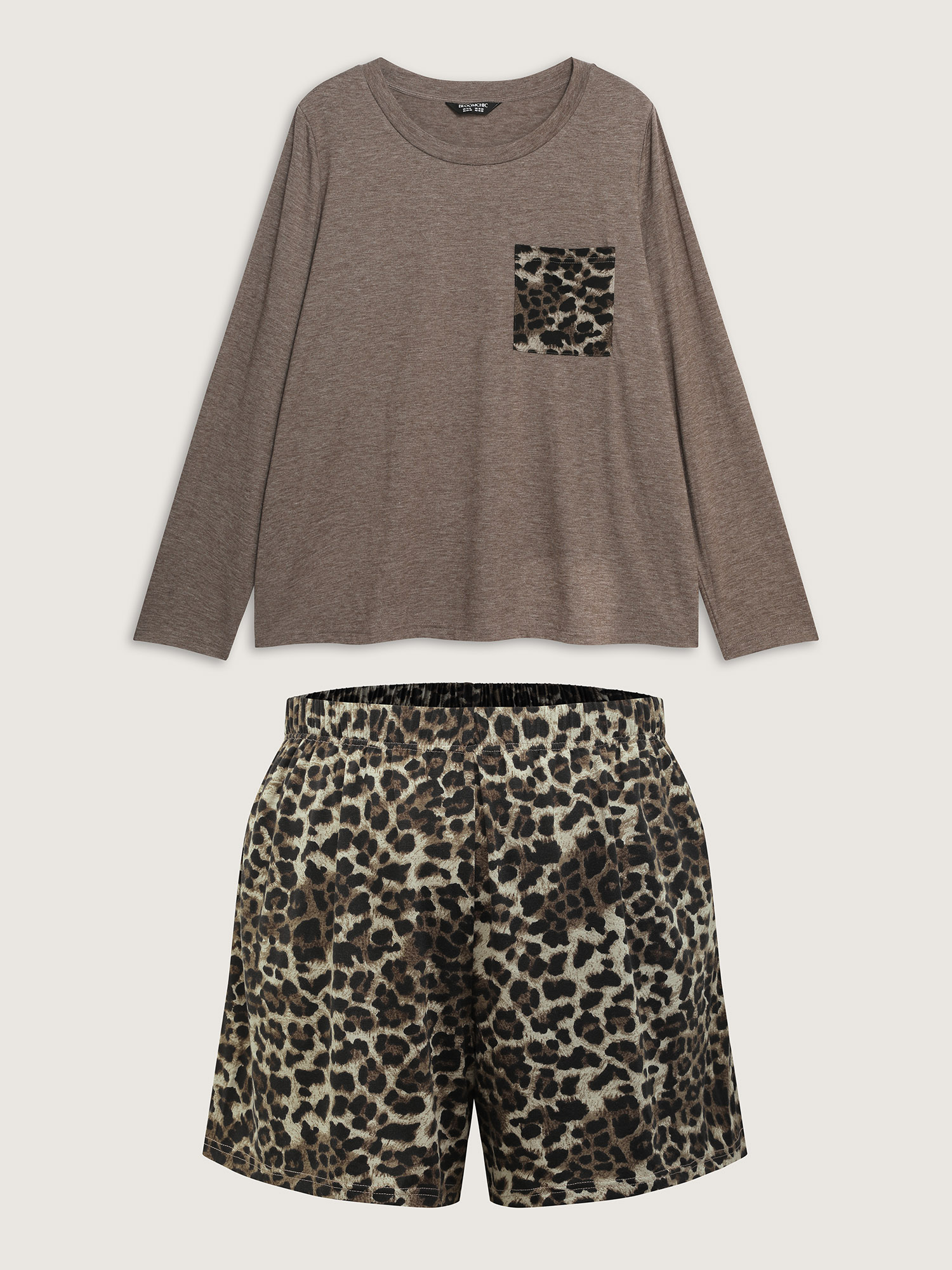 Side view of BloomChic Women's Plus Size Leopard Print Contrast Lounge Set Multicolor Colorblock 30/6X