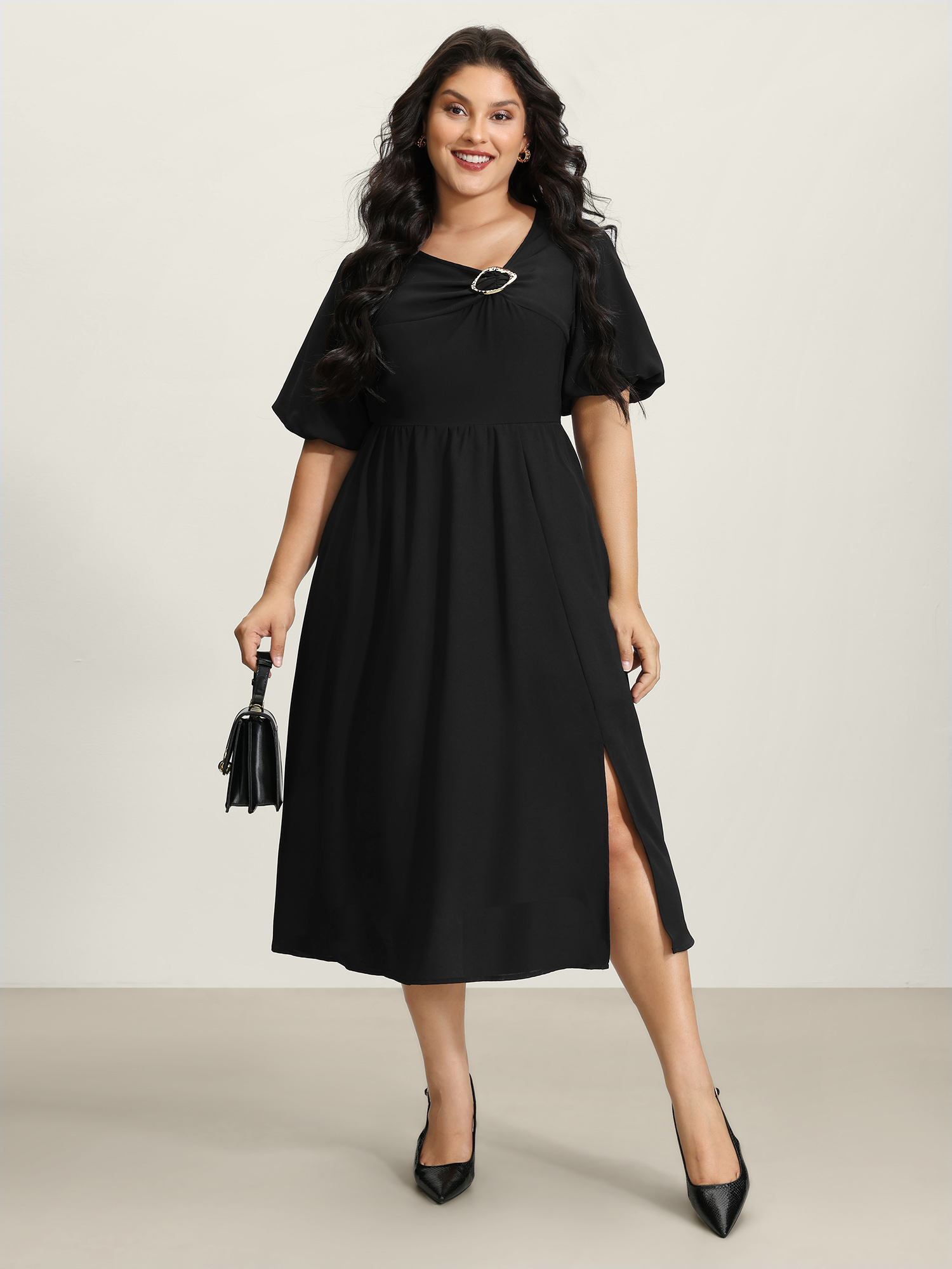 BloomChic Women's Plus Size Metal Detail Asymmetrical Neckline Maxi Dress Black Non Midi Office Gathered 10/M