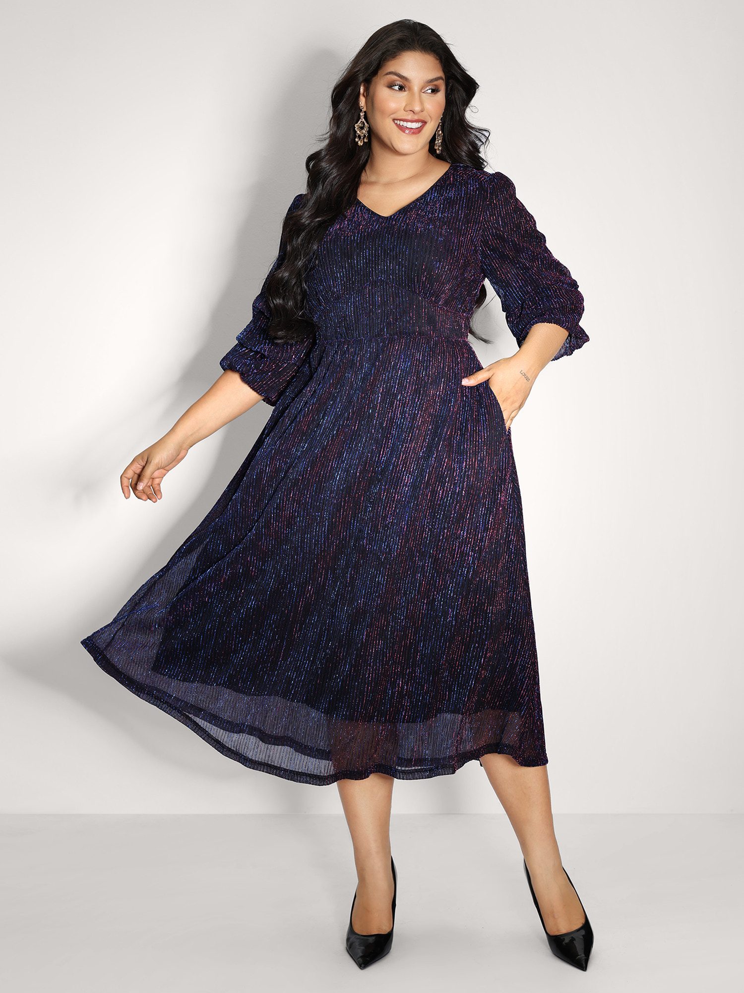 BloomChic Women's Plus Size Phantom Silk Stretchy Shirred Waist Midi Dress Deeppurplered Solid Midi Occasion Sequin 12/L