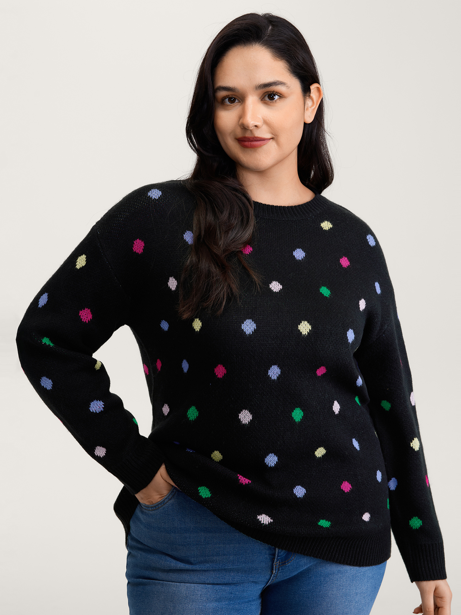 BloomChic Women's Plus Size Colorful Polka Dots Jacquard Pullover Black Long Sleeve 12/L