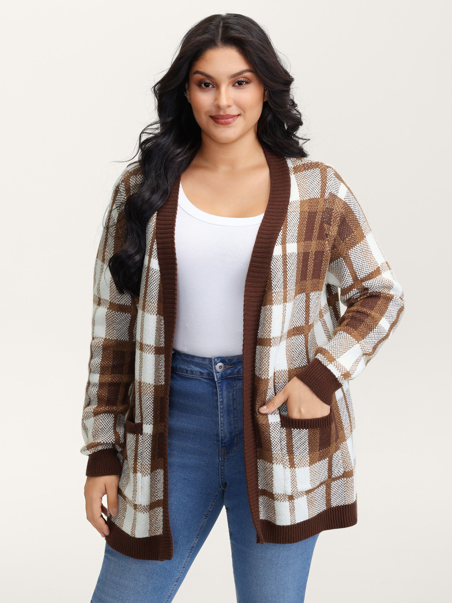 BloomChic Women's Plus Size Plaid Jacquard Pattern Knit Cardigan Browncoffeecolor Long Sleeve 12/L