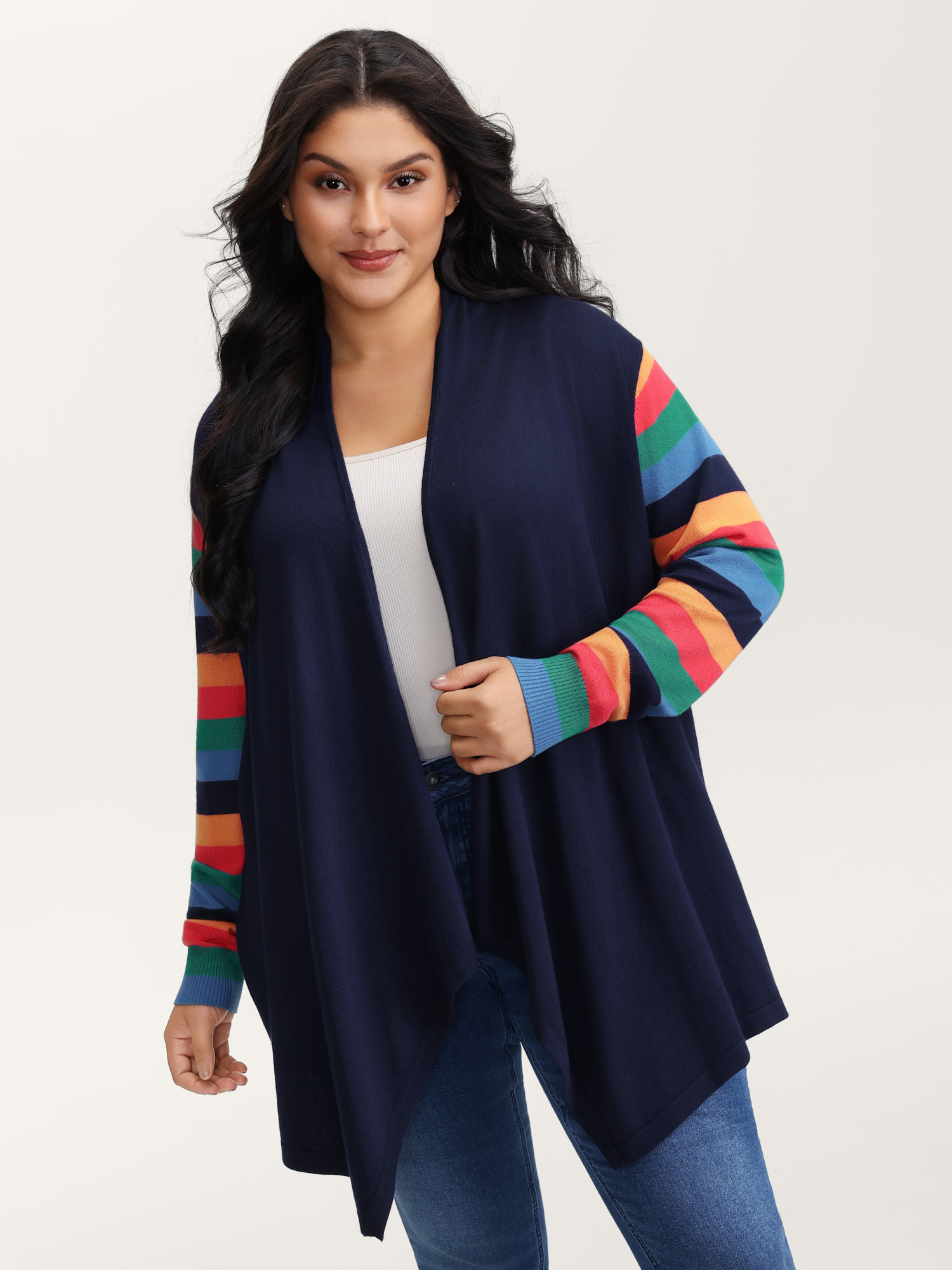 BloomChic Women's Plus Size Colorful Stripes Irregular Hem Knit Cardigan Navy Long Sleeve 10/M