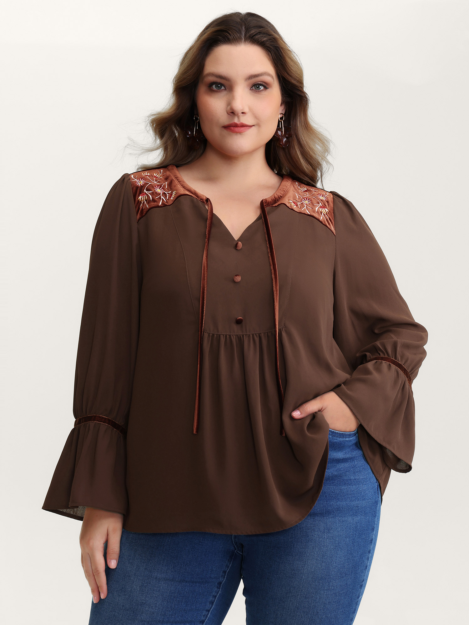 BloomChic Women's Plus Size Embroidered Pleated Ruffled Sleeve Blouse Browncoffeecolor Non Vacation Long Sleeve 10/M