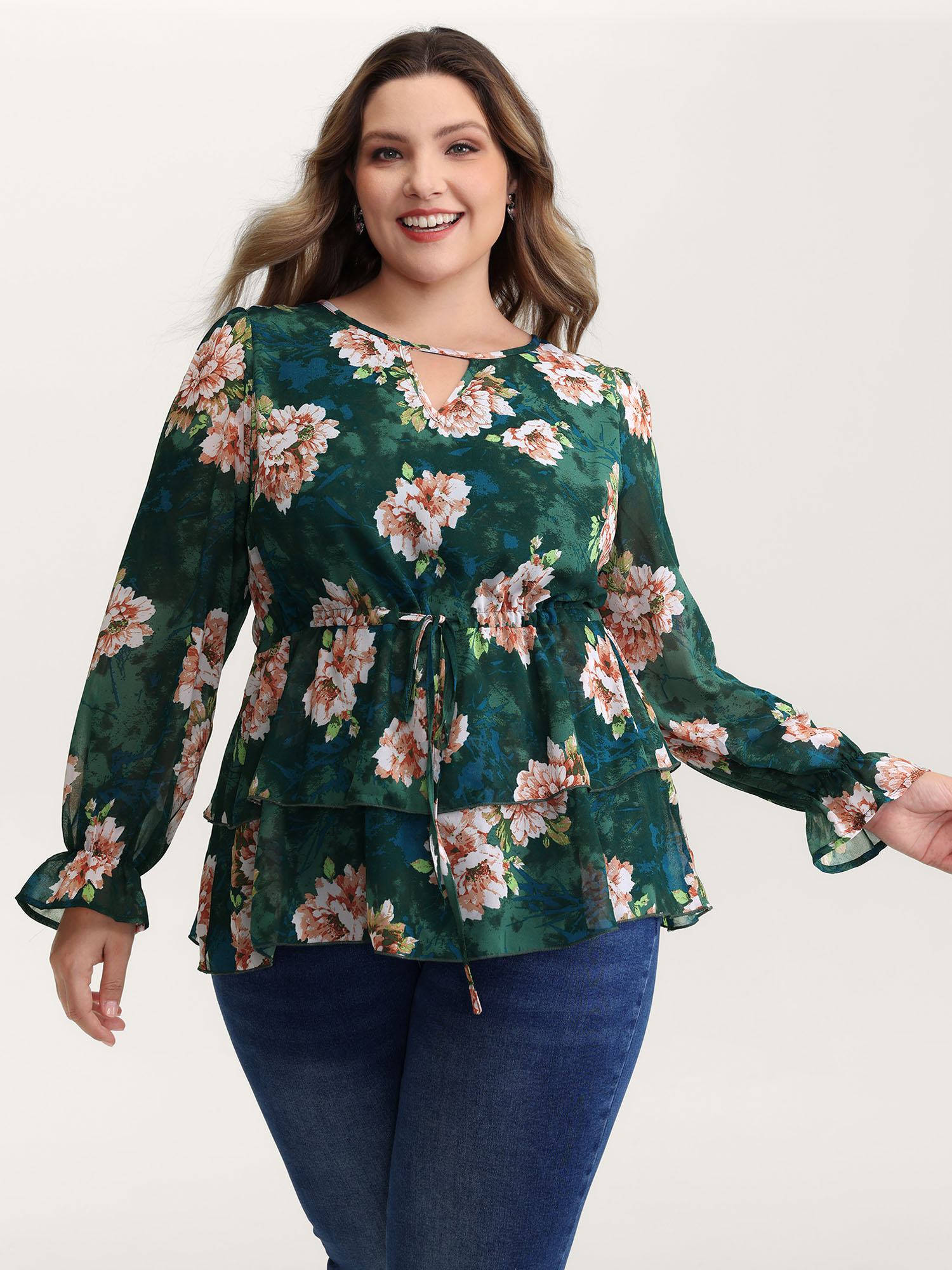 BloomChic Women's Plus Size Sheer Floral Print Tie Flared Blouse ArmyGreen Floral Everyday-Elegant Extra Long Sleeve 12/L