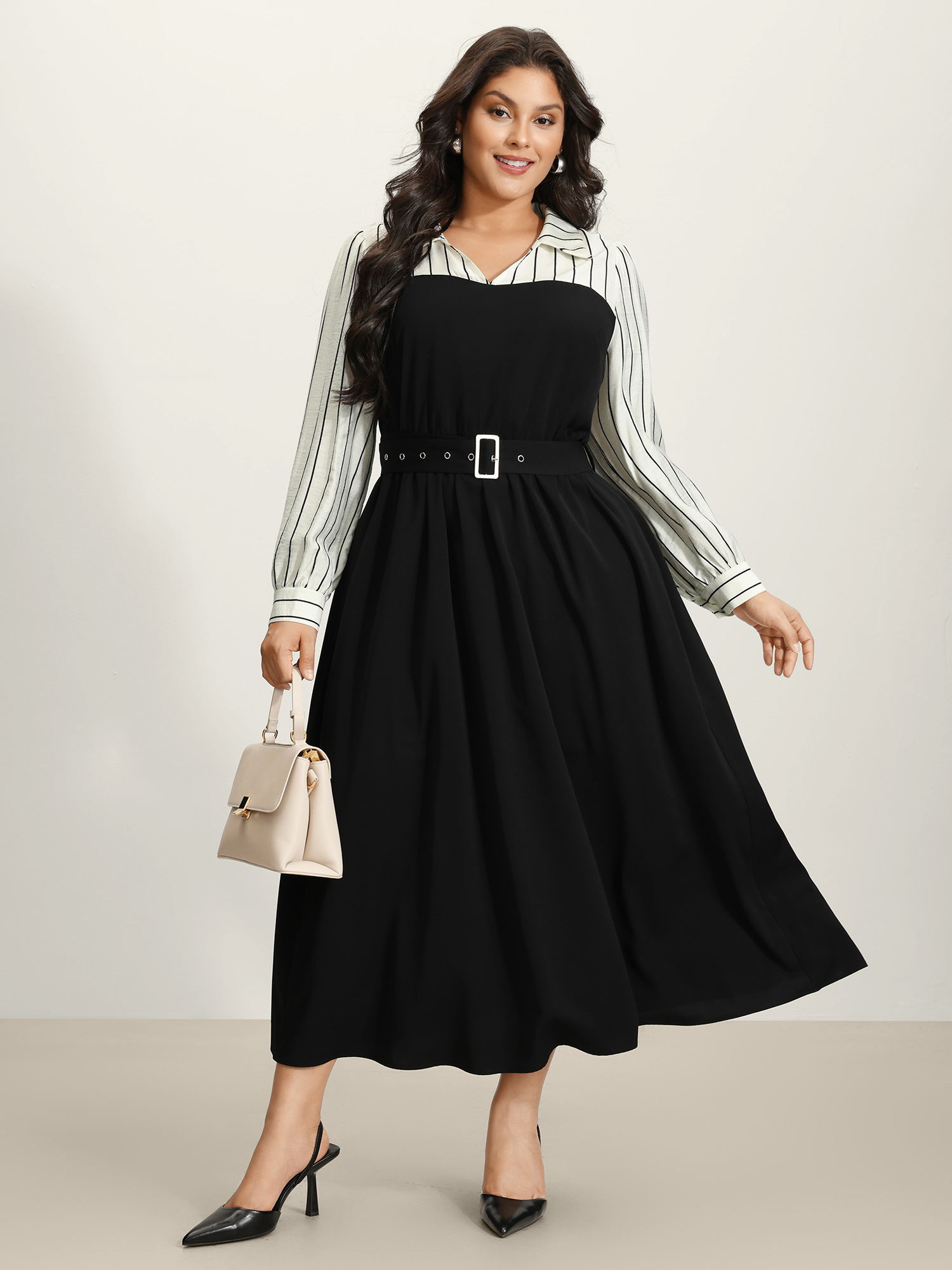 BloomChic Women's Plus Size Stripe Print Belted Pockets Maxi Dress Black Stripes Maxi Office Patchwork 26/4X