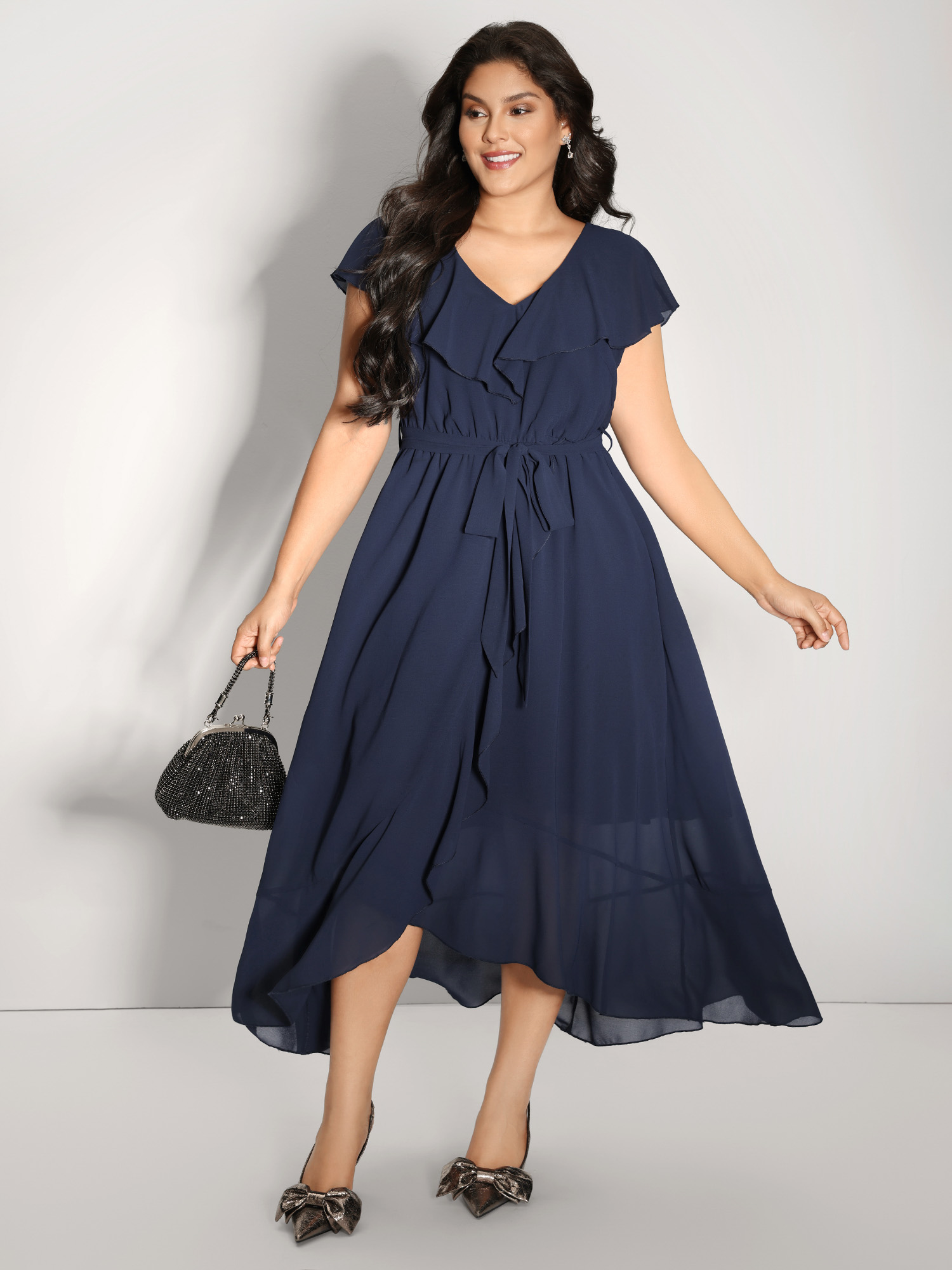 BloomChic Women's Plus Size Belted Waist High Low Hem Midi Dress Indigo Maxi Everyday-Elegant Ruffles 30/6X