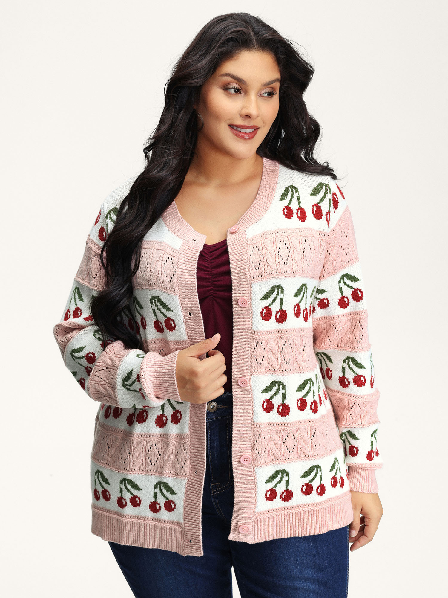 BloomChic Women's Plus Size Cherry Jacquard Print Button Knit Cardigan Nudepink Long Sleeve 10/M