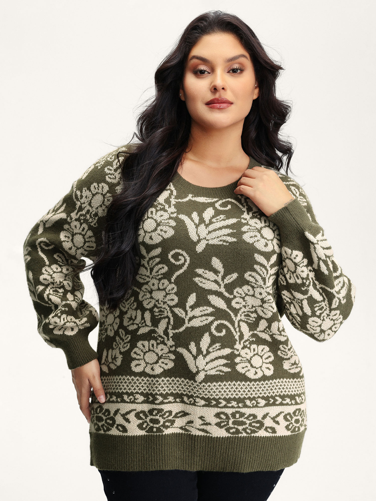 BloomChic Women's Plus Size Retro Floral Jacquard Lantern Sleeve Cardigan ArmyGreen Long Sleeve 10/M