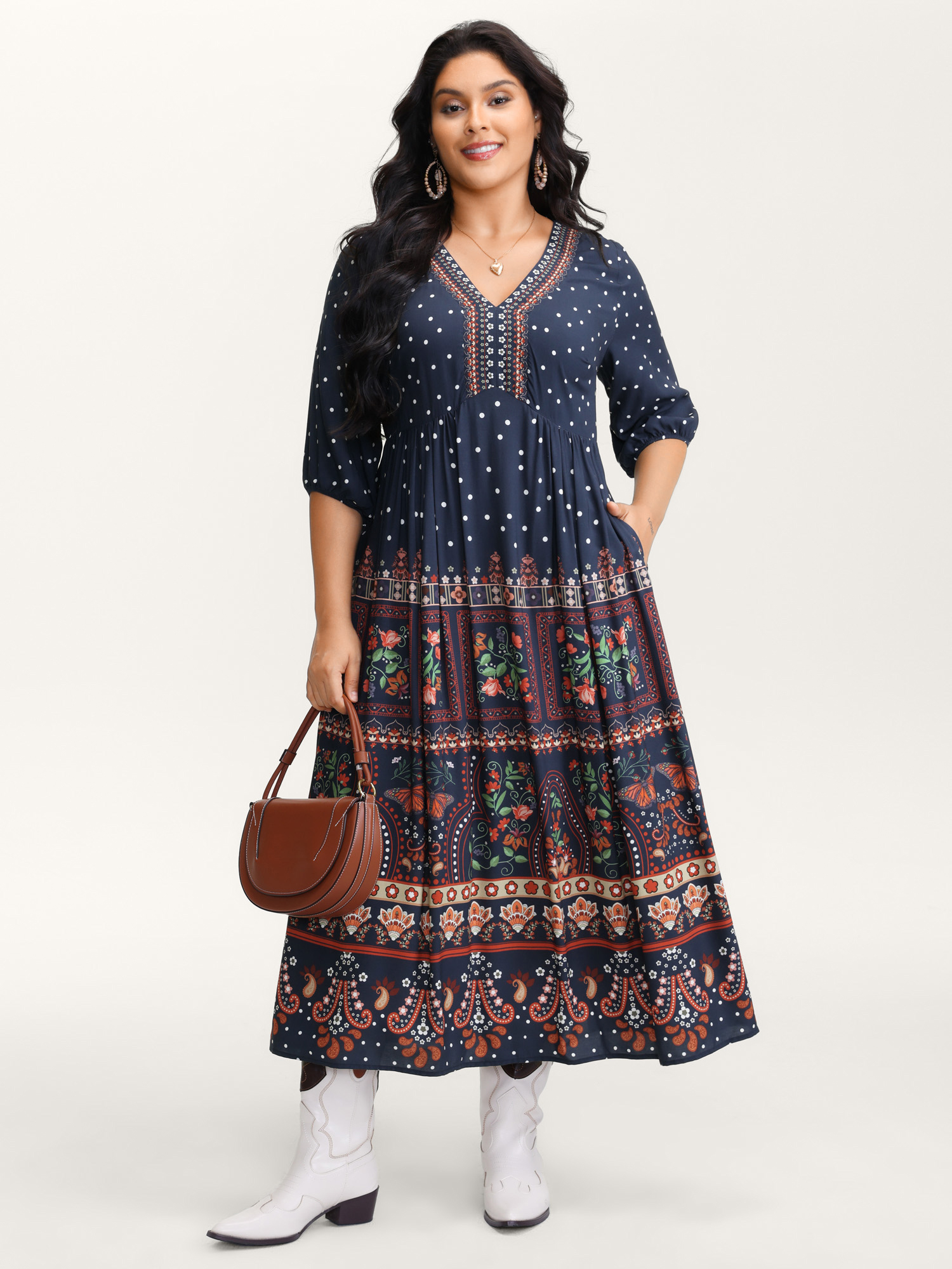 BloomChic Women's Plus Size Boho Floral Print Pockets Contrast Maxi Dress DarkBlue Floral Maxi Vacation Ruched 10/M