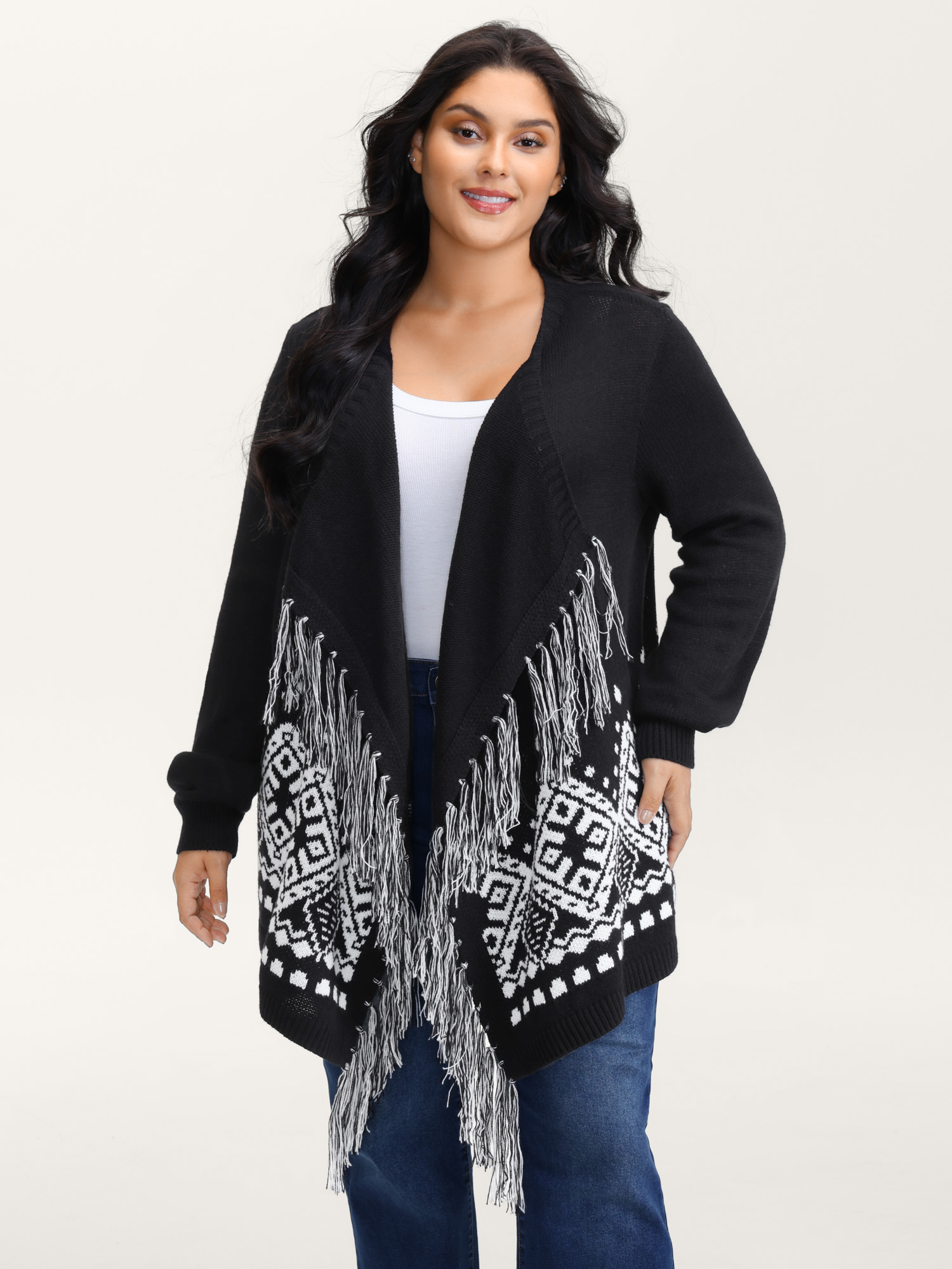 BloomChic Women's Plus Size Geometrical Print Tassels Knit Cardigan Black Long Sleeve 10/M