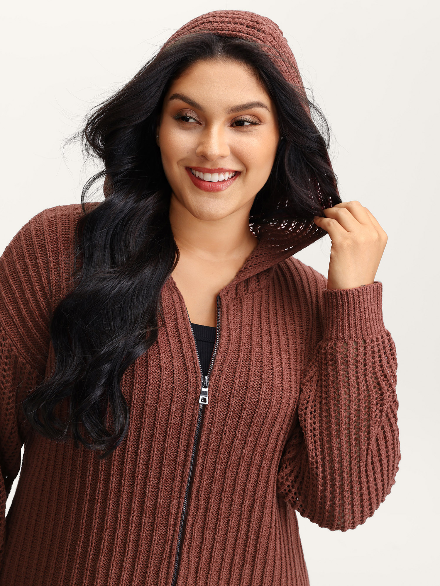 BloomChic Women's Plus Size Textured Zipper Front Hooded Knit Cardigan Rust Long Sleeve 10/M