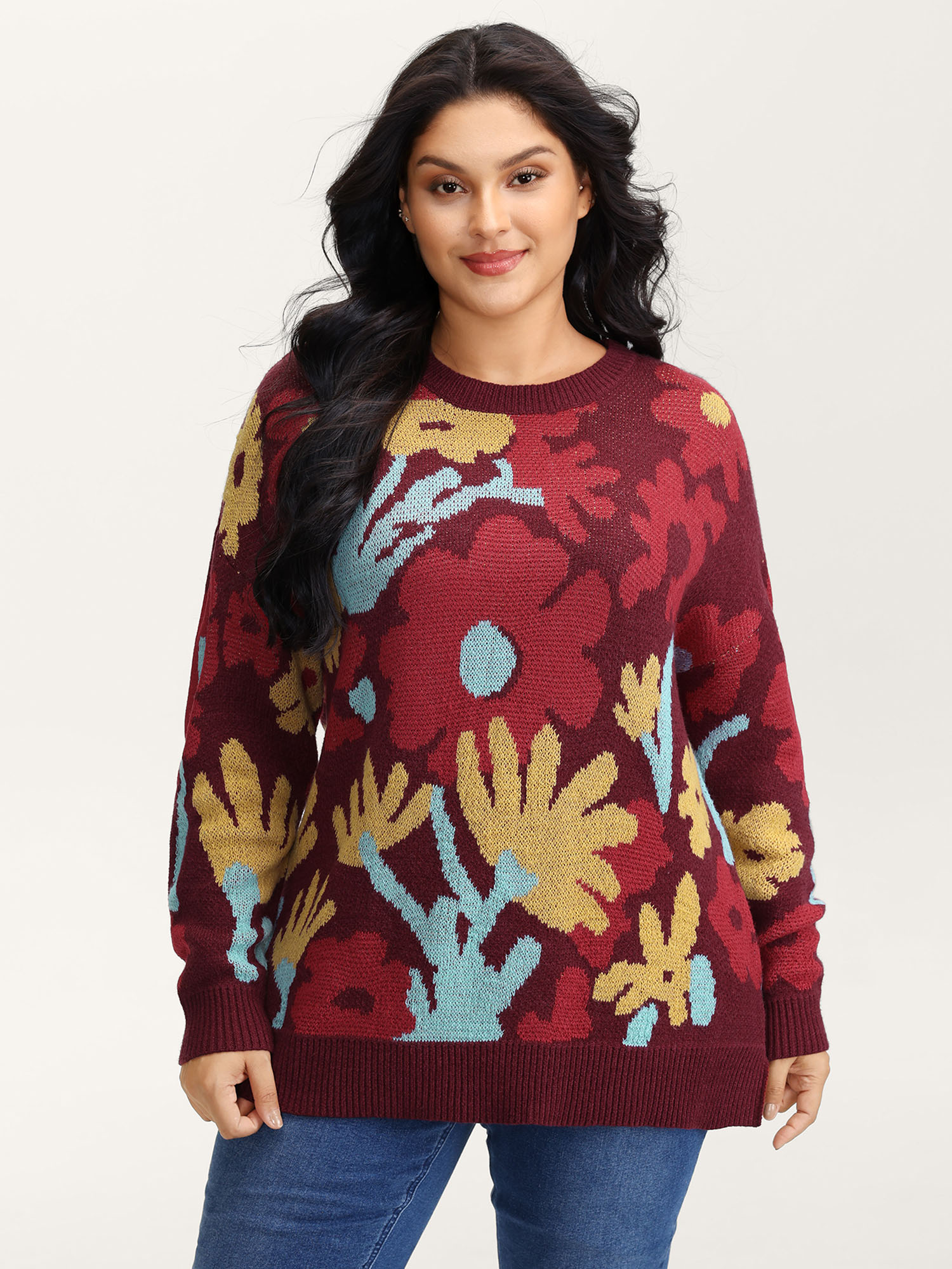 BloomChic Women's Plus Size Colorful Floral Jacquard Ribbed Hem Pullover Deepred Long Sleeve 10/M