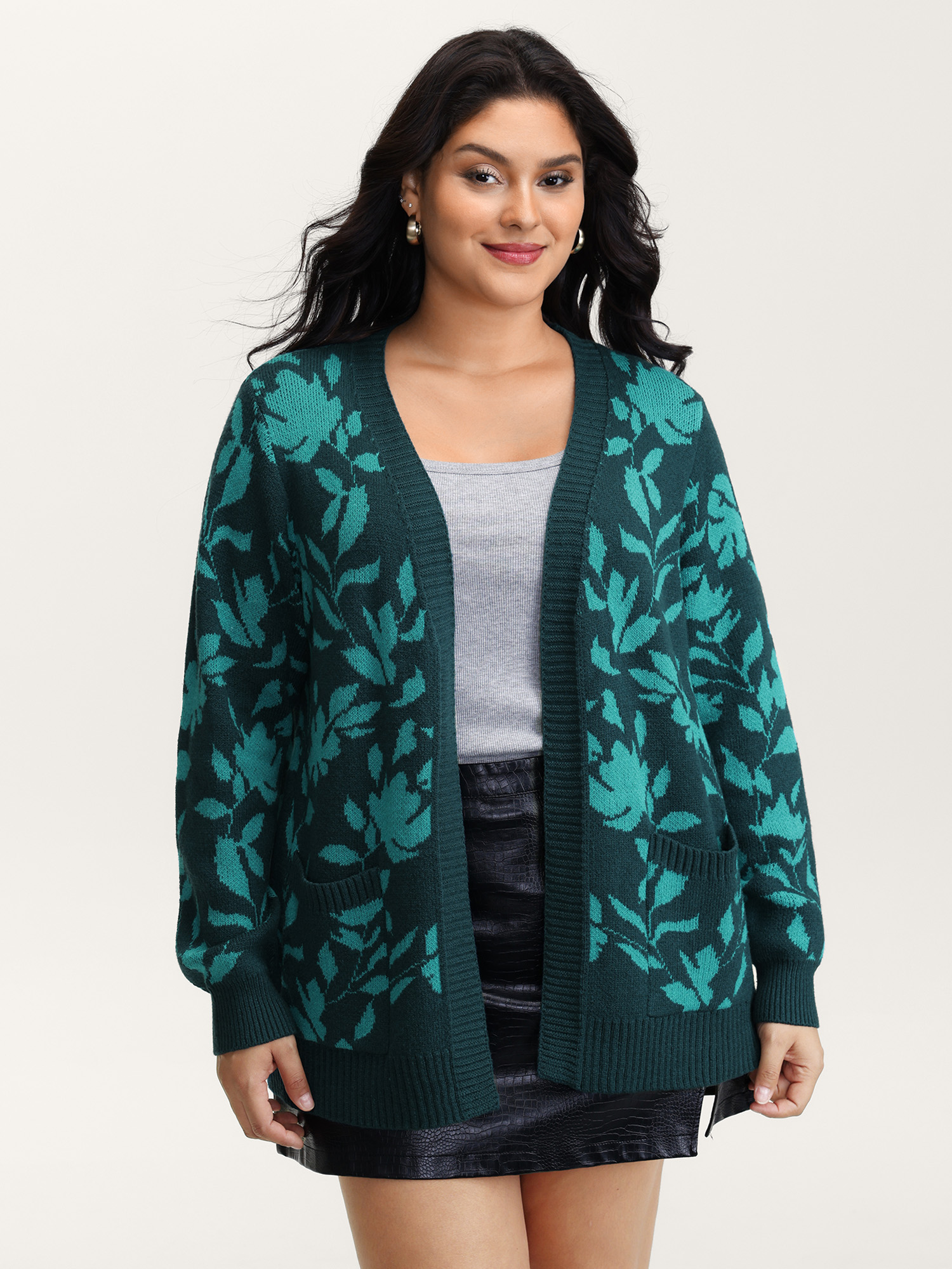 BloomChic Women's Plus Size Floral Print V-Neck Ribbed Knit Cardigan Cyan Long Sleeve 22-24/3X