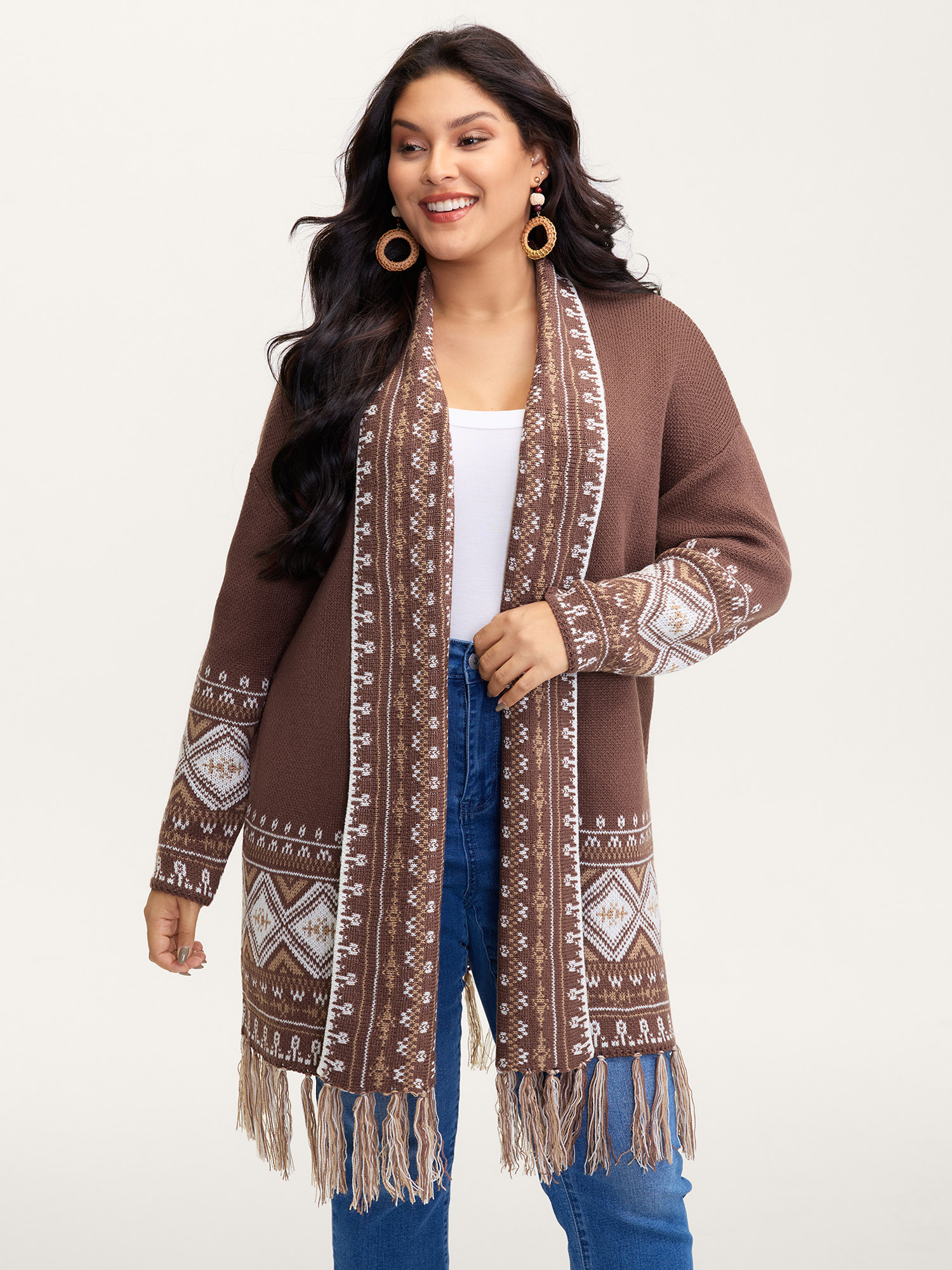 BloomChic Women's Plus Size Boho Jacquard Folded Collar Tassels Cardigan DarkBrown Long Sleeve Wide Lapel 12/L