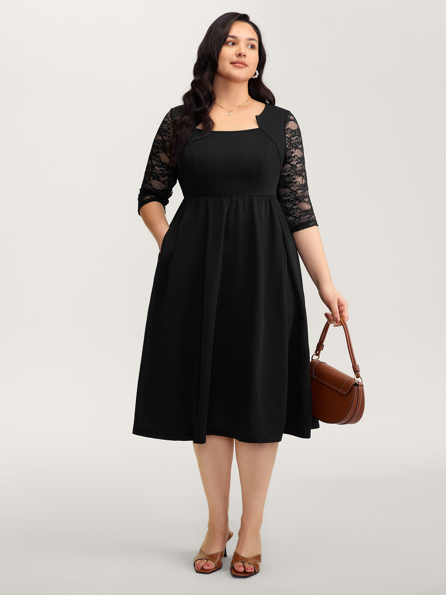 BloomChic Women's Plus Size Stretchy Sheer Sleeve Cinched-Waist Midi Dress Black Midi Everyday-Elegant Cut-Out 30/6X