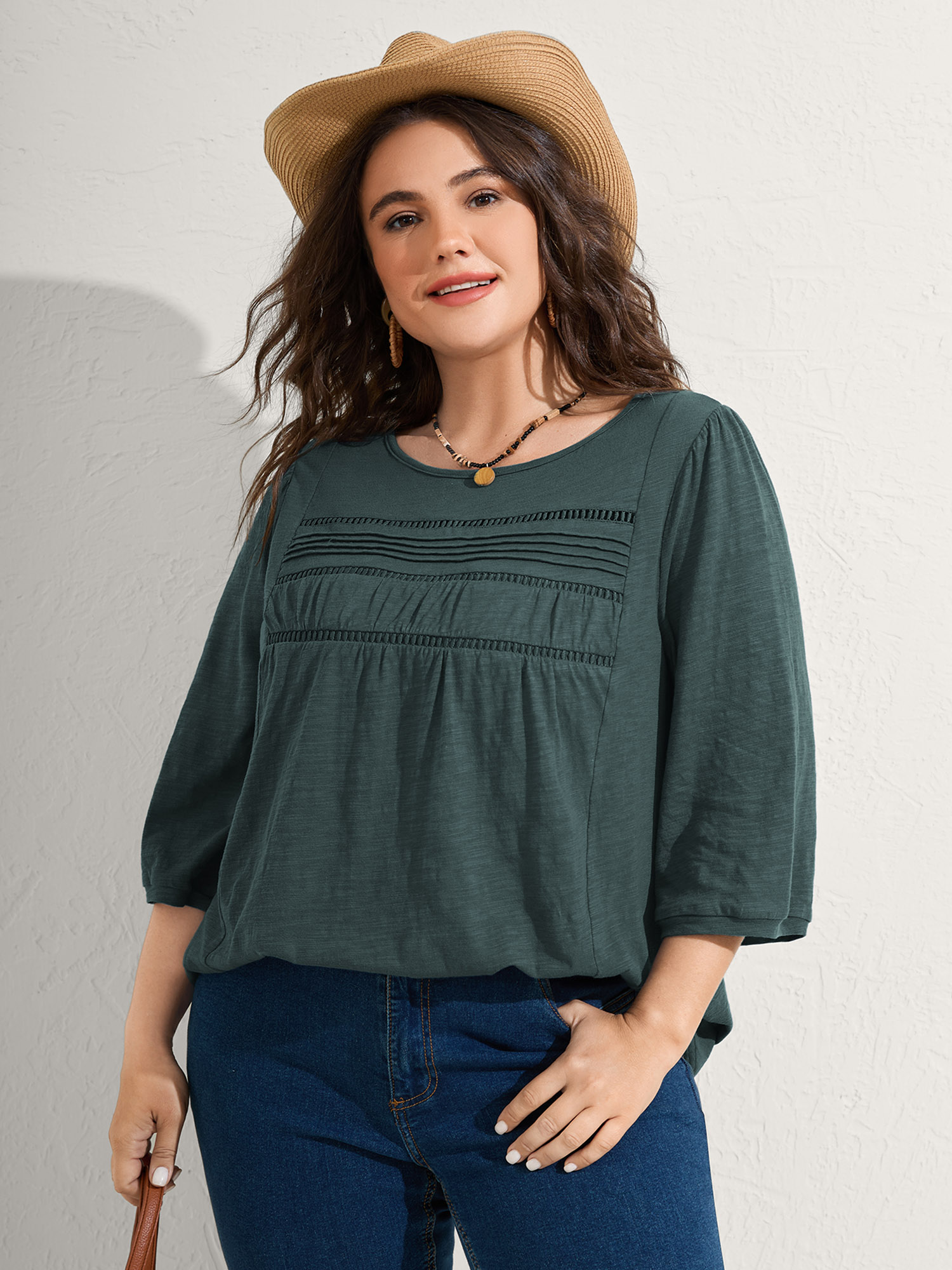 BloomChic Women's Plus Size Cotton Lace Spliced Plain Knit Top Smoke Pine 3/4 Sleeve Vacation Round Neck 10/M