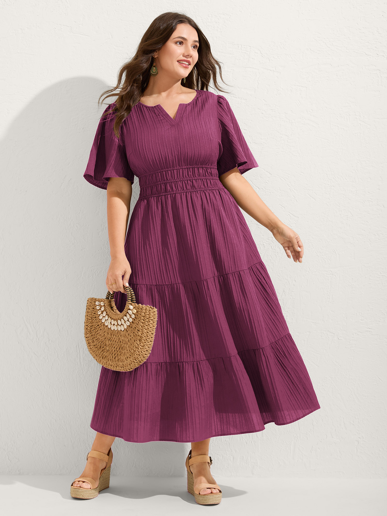 BloomChic Plus Size Textured Shirred Cinched Waist Maxi Dress - Curve Ladies Grape Wine Resort Short sleeve Solid Side seam pocket Daily Dresses 14/M