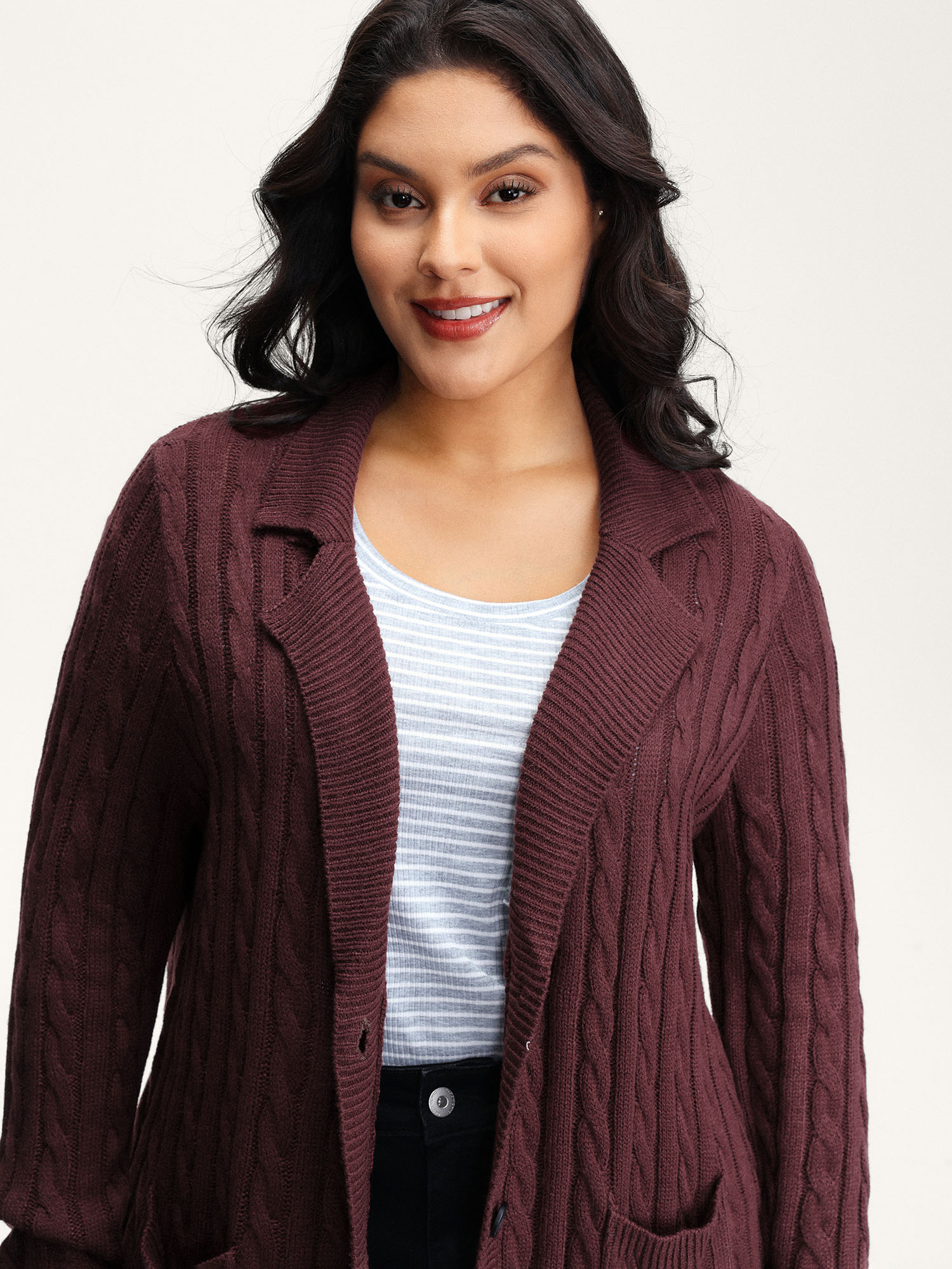 BloomChic Women's Plus Size Twist Textured Notched Lapels Knit Cardigan Plum Long Sleeve 10/M