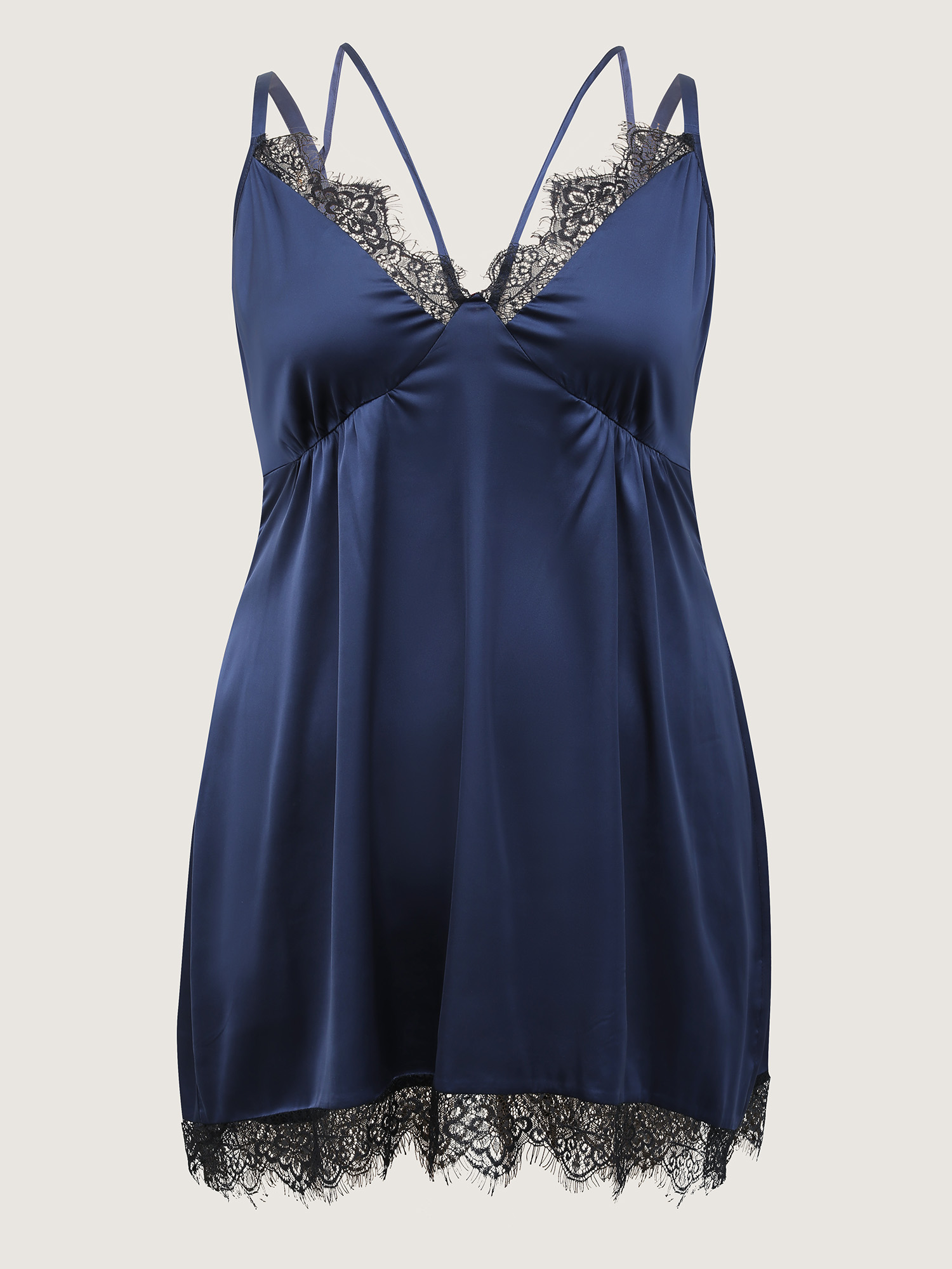Side view of BloomChic Women's Plus Size Satin Cut-Out Lace Deep Neckline Nightgown Navy Sleeveless Mini Deep V-Neck 12/L
