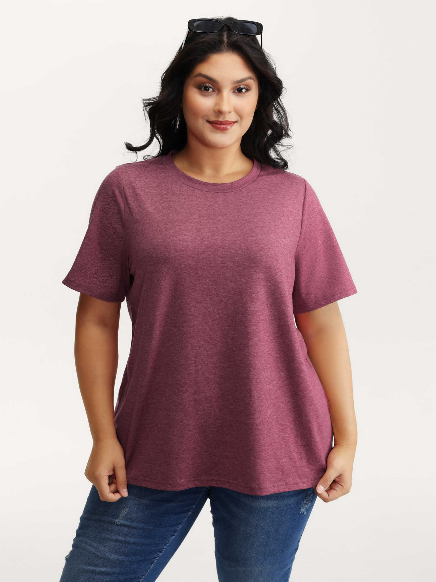 Bloomchic Women's Plus Size Stretchy Round Neck Solid T-shirt Plum Solid Casual Short Sleeve Round Neck 28/5x In Purple