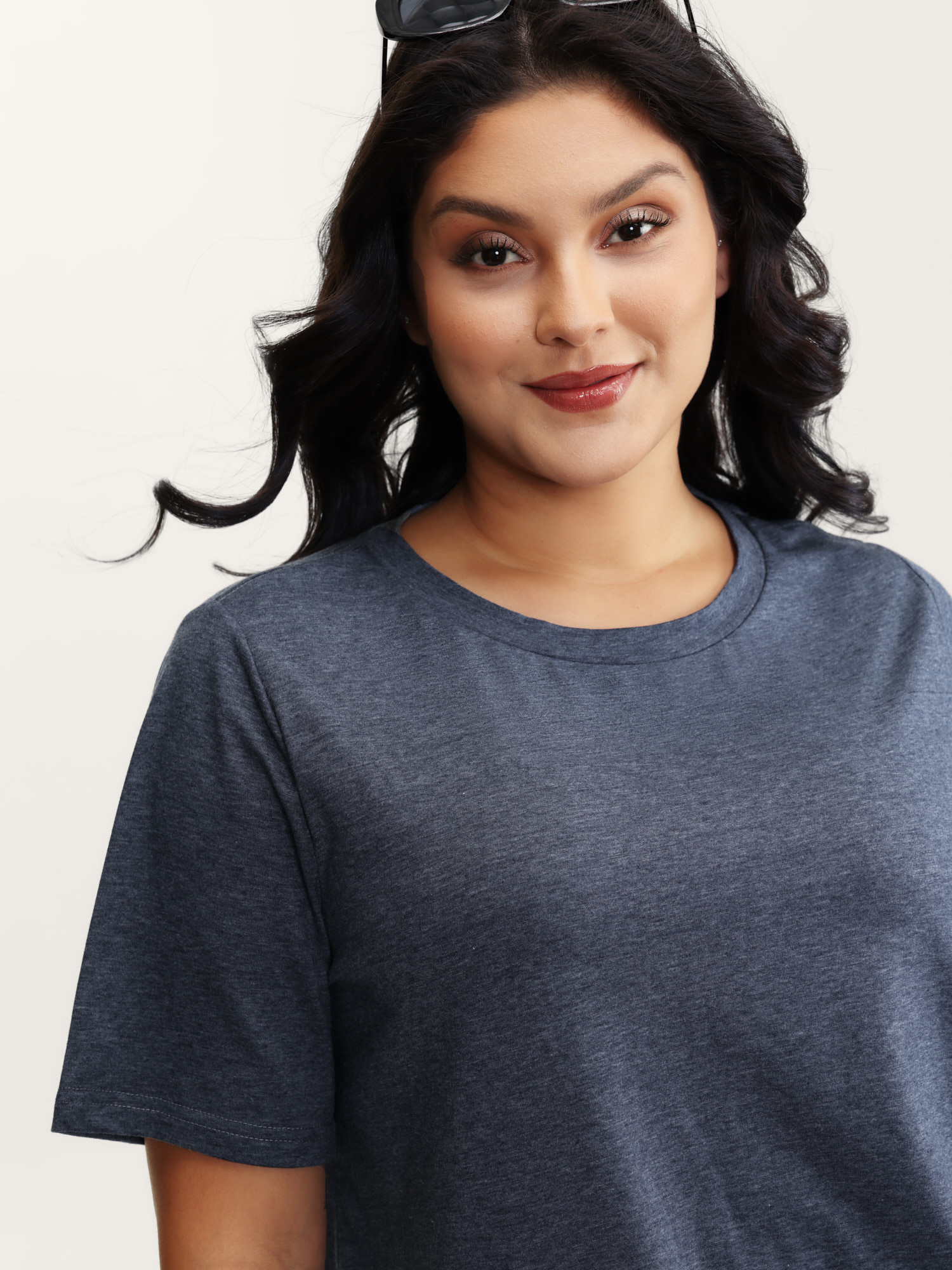 Bloomchic Women's Plus Size Stretchy Round Neck Solid T-shirt Indigo Solid Casual Short Sleeve Round Neck 10/m In Purple