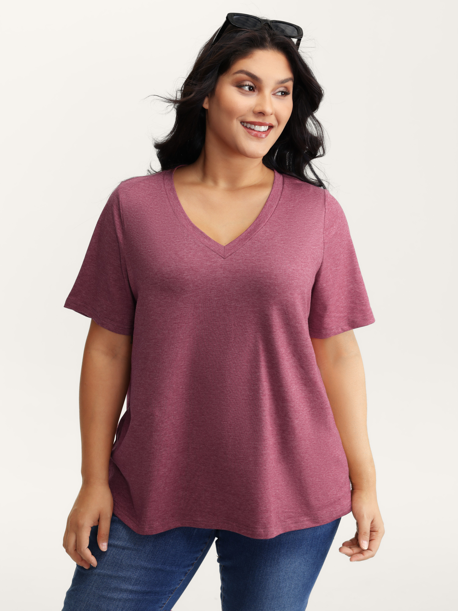 Bloomchic Women's Plus Size Stretchy Plain V-neck T-shirt Plum Non Casual Short Sleeve 10/m In Purple