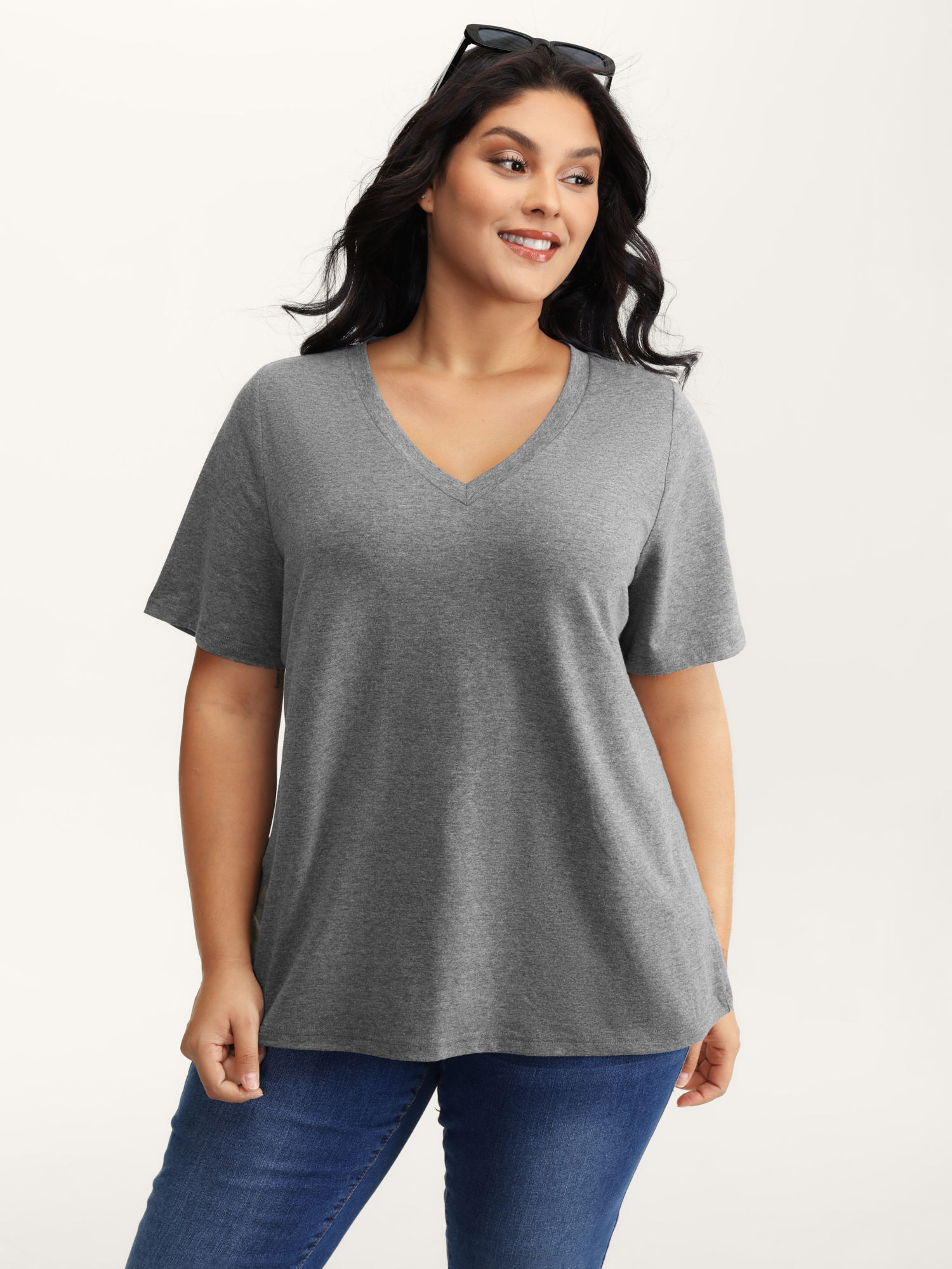 Bloomchic Women's Plus Size Stretchy Plain V-neck T-shirt Darkgray Non Casual Short Sleeve 12/l In Gray