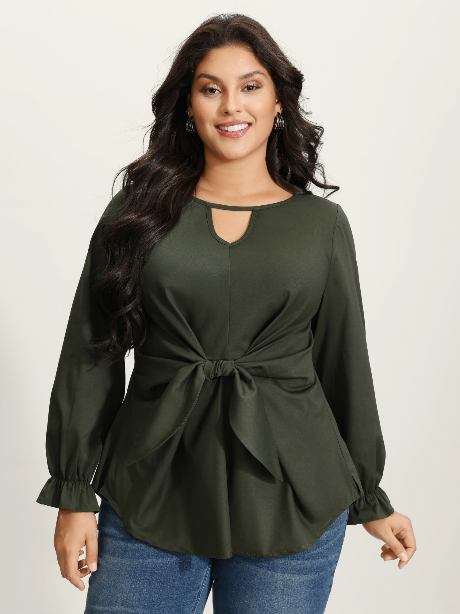 BloomChic Women's Plus Size Knotted-Front Stretch Cuff Sleeve Blouse Black Forest Solid Office Long Sleeve Round Neck 30/6X