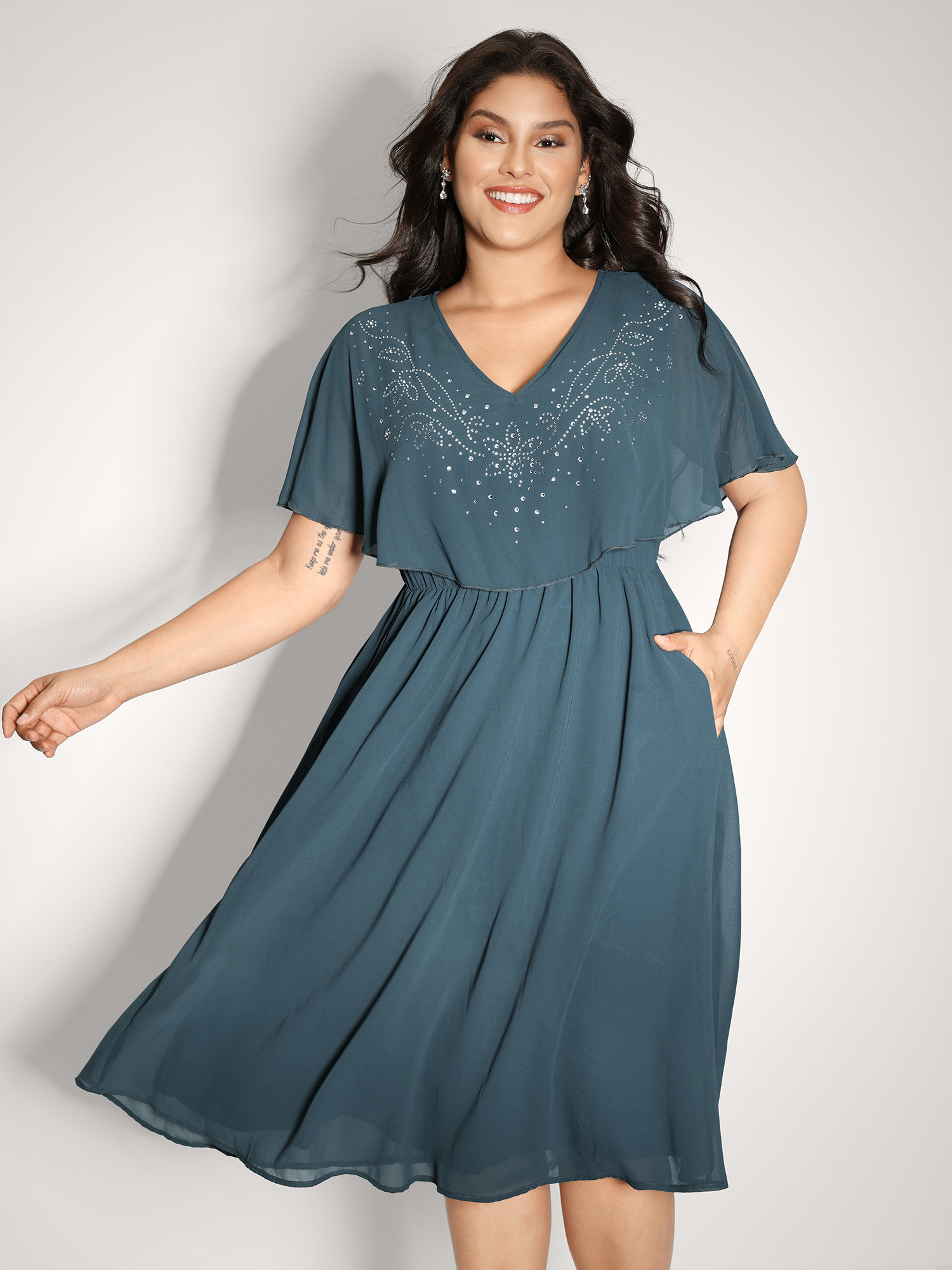 BloomChic Women's Plus Size Shimmery Hotfix Rhinestone Layered Midi Dress Aegean Party Midi Rhinestone detailing 28/5X-image-47432365408426