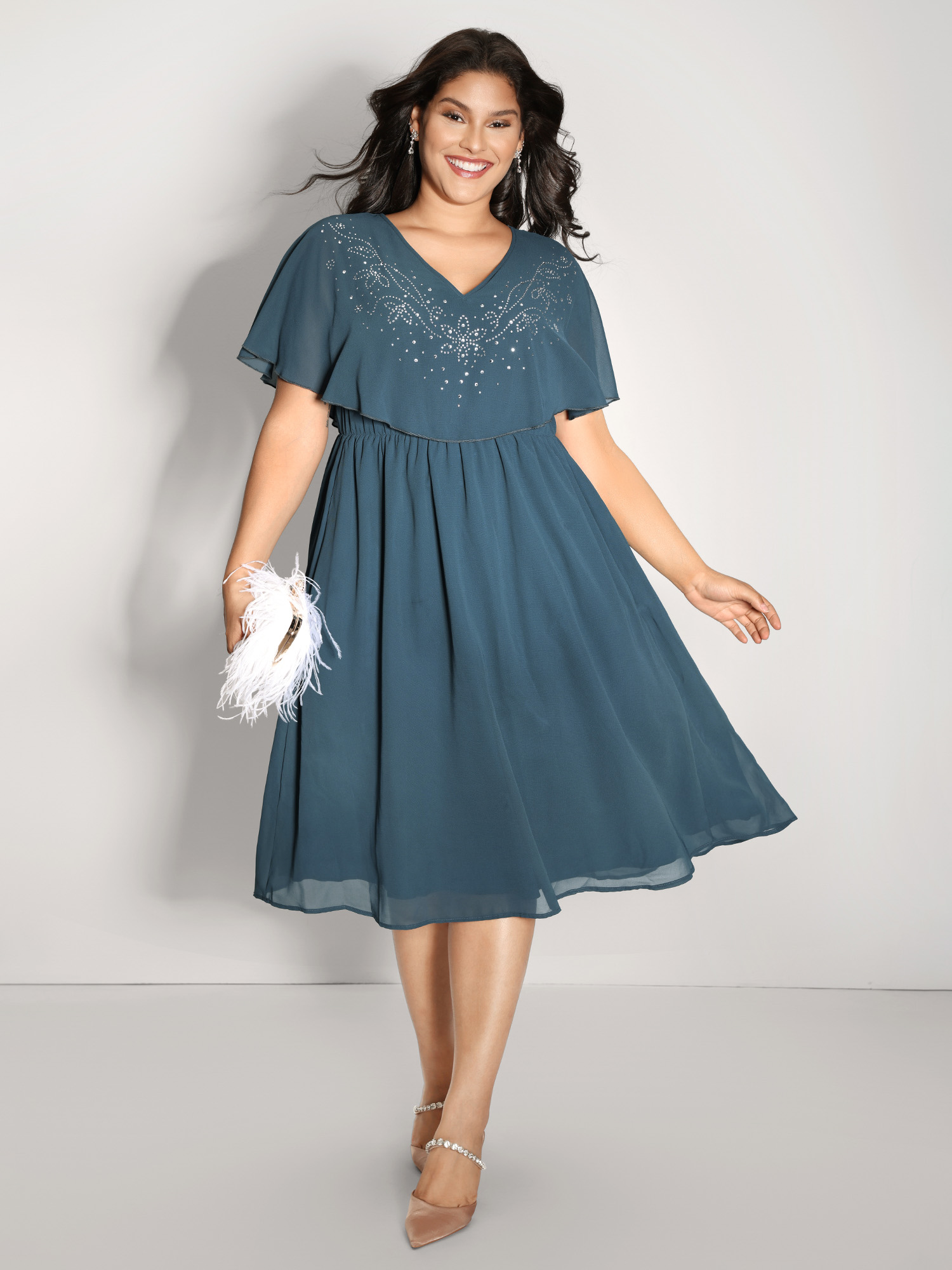 Side view of BloomChic Women's Plus Size Shimmery Hotfix Rhinestone Layered Midi Dress Aegean Party Midi Rhinestone detailing 30/6X