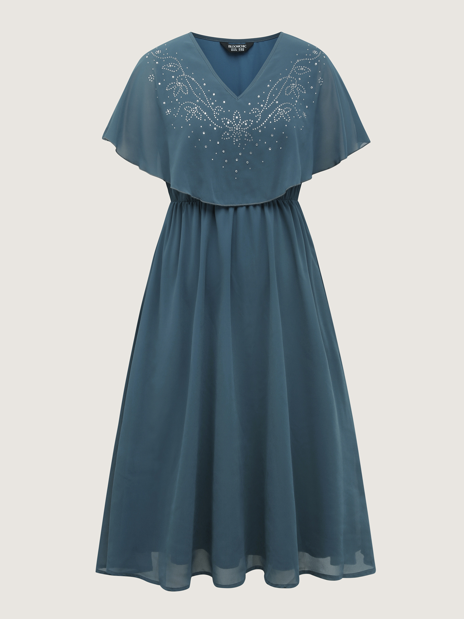 Side view of BloomChic Women's Plus Size Shimmery Hotfix Rhinestone Layered Midi Dress Aegean Party Midi Rhinestone detailing 30/6X