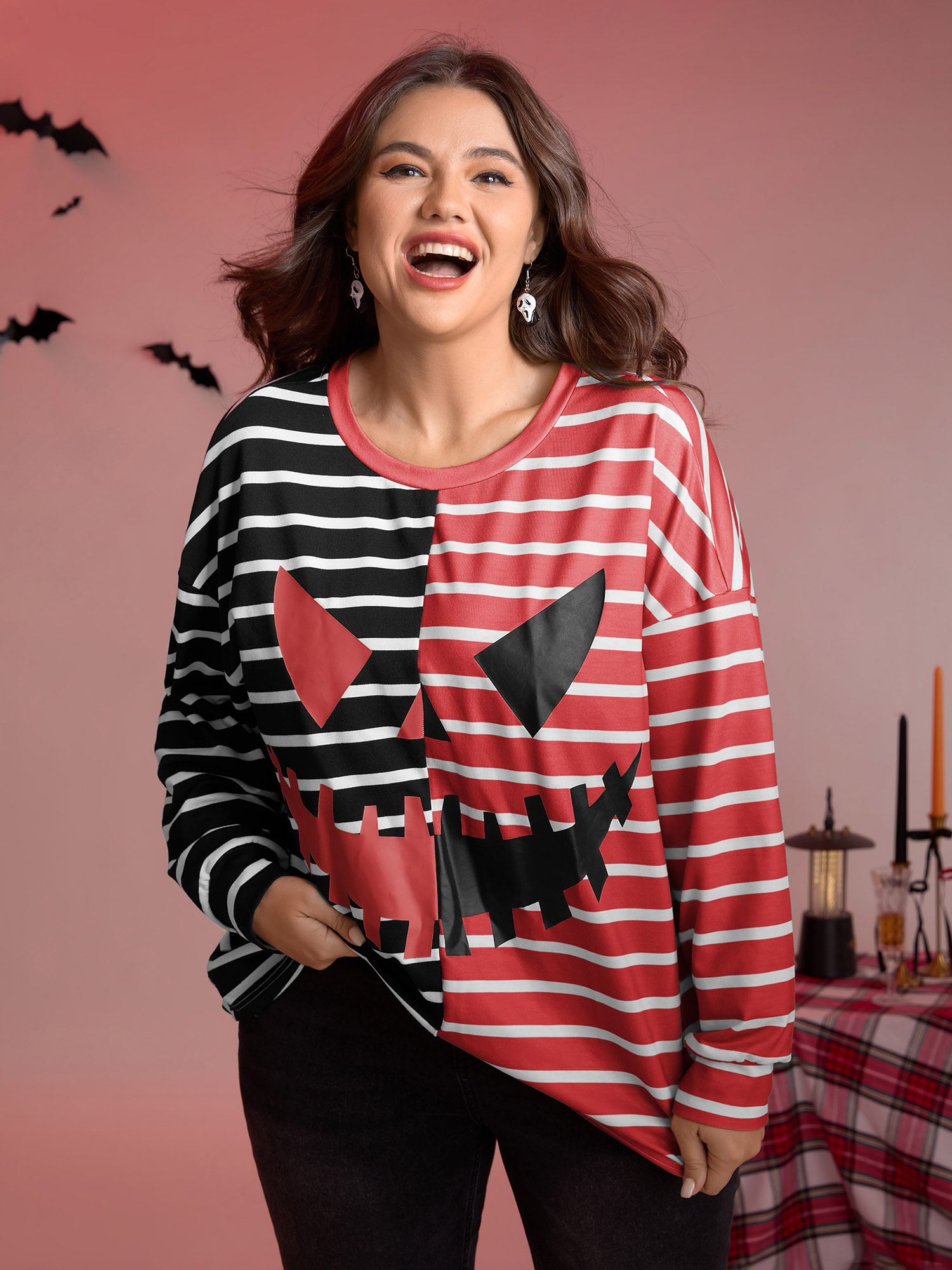 BloomChic Women's Plus Size Pumpkin Contrast Stripes Full Sleeve Sweatshirt Scarlet Graphic-Halloween Everyday-Casual 10