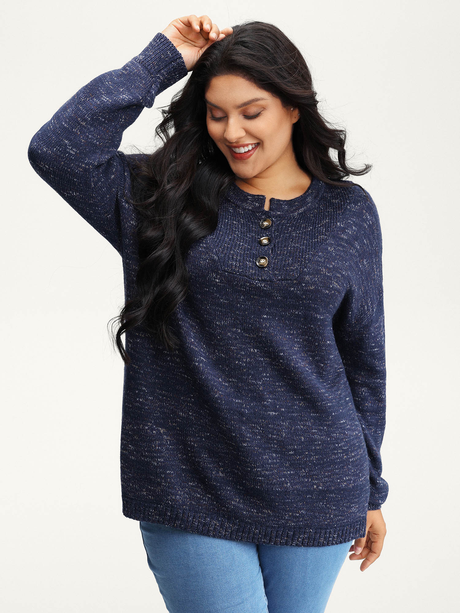 BloomChic Women's Plus Size Heather Textured Button Neck Pullover Baritone Blue not graphics Long Sleeve Stand Collar 10/M