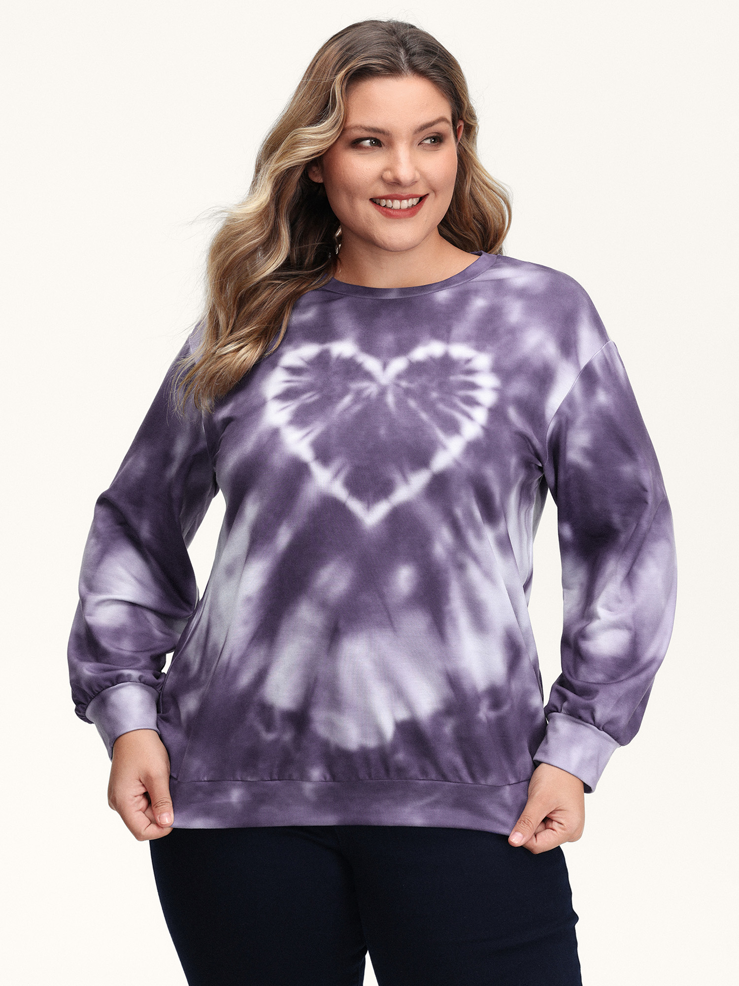 BloomChic Women's Plus Size Heart Color Blend Relaxed-Fit Sweatshirt Mauve Tie Dye Everyday-Casual 12/L