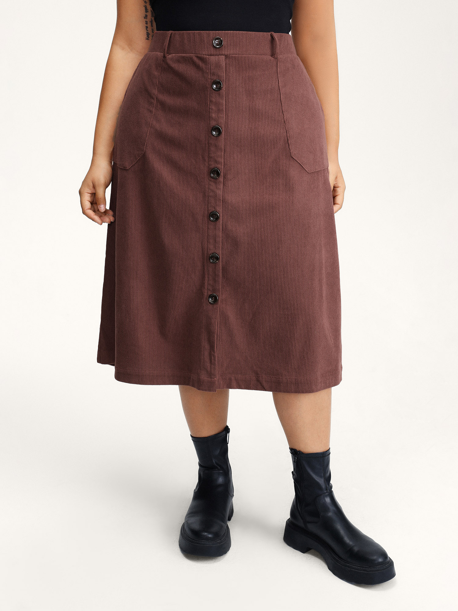 BloomChic Women's Plus Size Snowflake Effect Button Detail Maxi Skirt DarkBrown Texture Flared Everyday-Casual 10/M