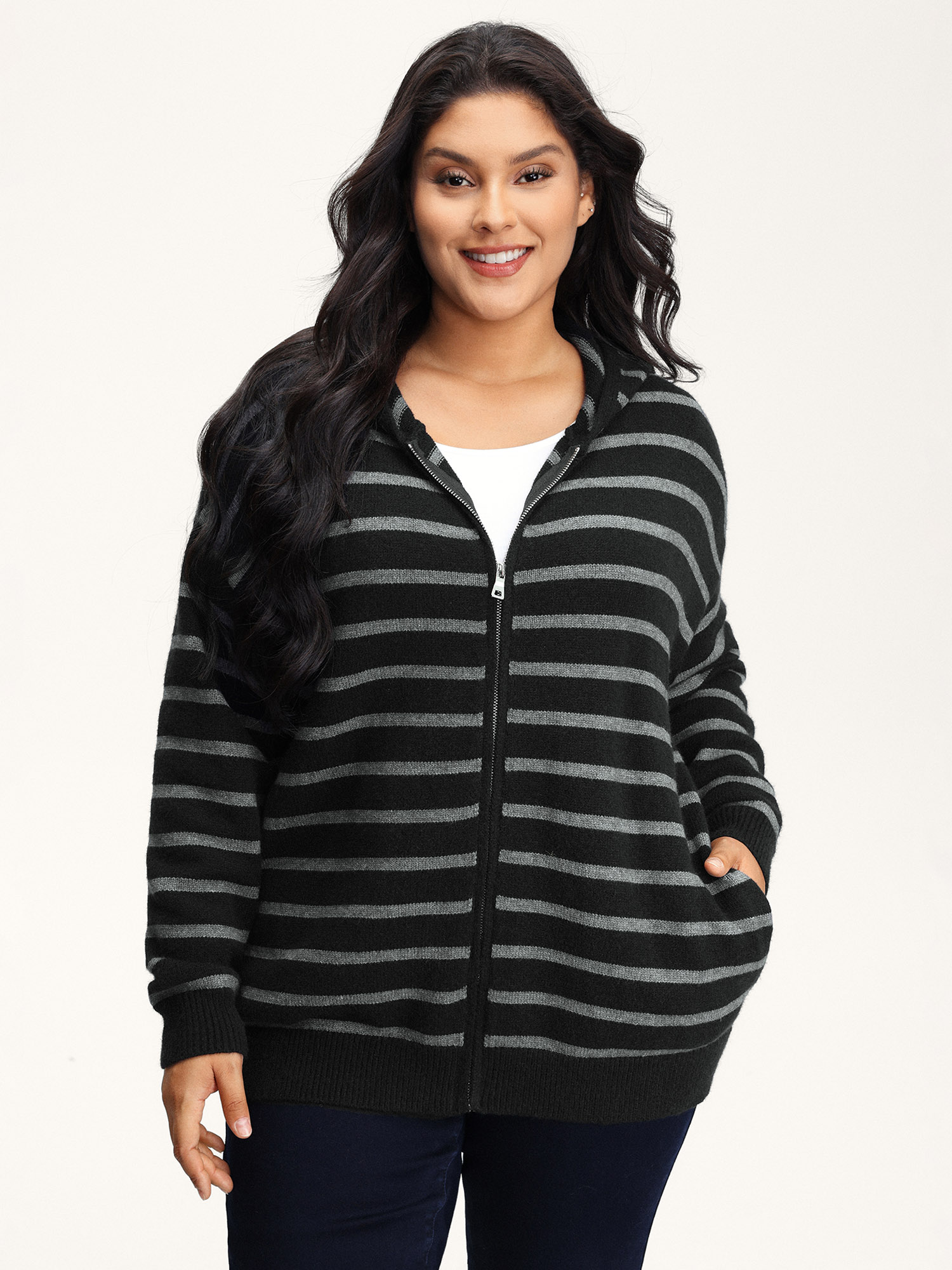 BloomChic Women's Plus Size Supersoft Stripe Hooded Zipper Pockets Knit Cardigan Black Long Sleeve Hooded Neck 10/M