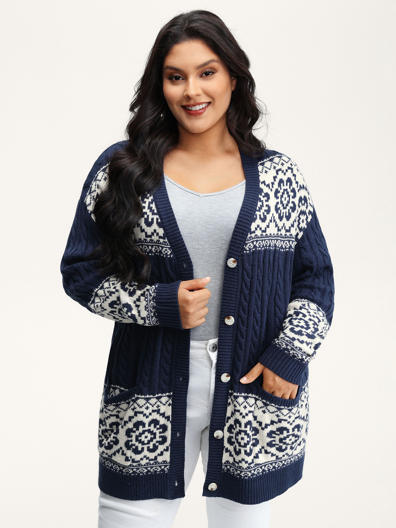 BloomChic Women's Plus Size Cable Knit Floral Jacquard Pockets Knit Cardigan Indigo Long Sleeve 22-24/3X