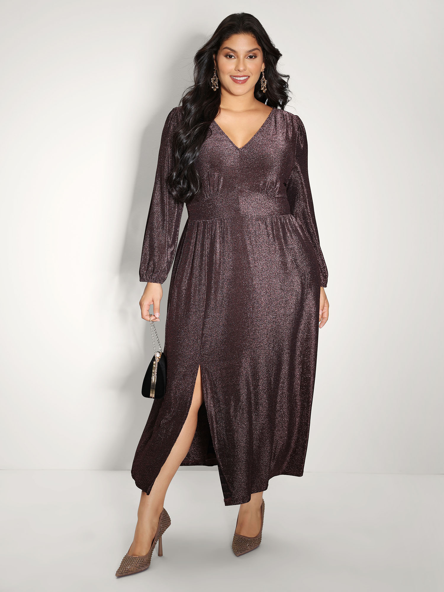 BloomChic Women's Plus Size Heather Stretchy Split Hem Pockets Maxi Dress Plum Party 18-20/2X-image-47465638690986