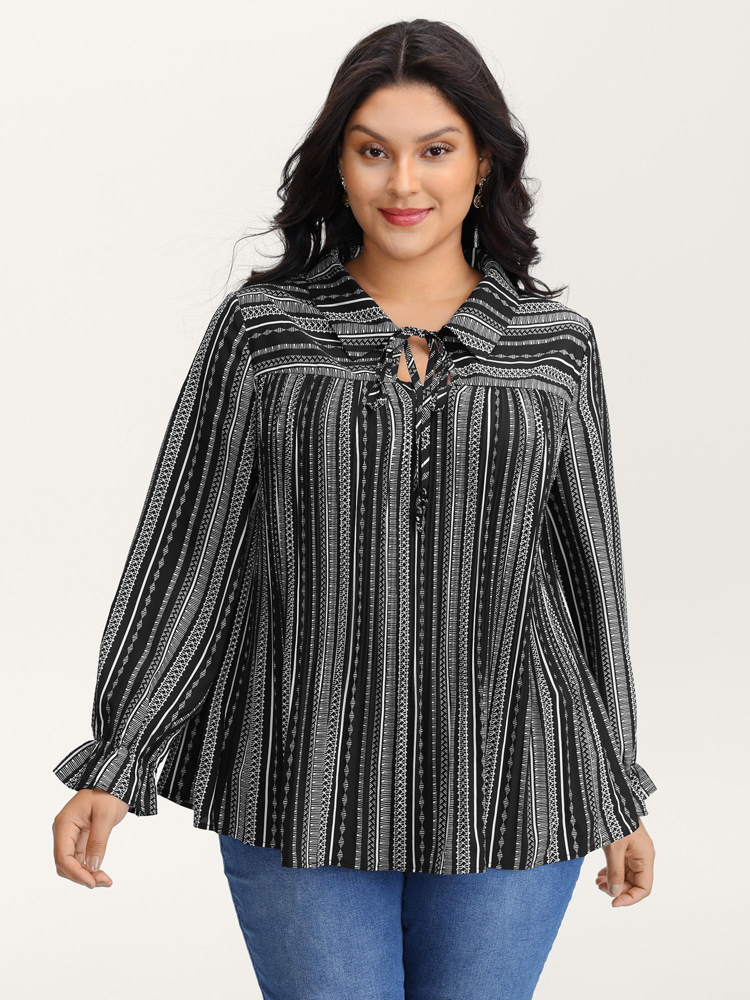 BloomChic Women's Plus Size Stripe Print Semi Sheer Pleated Blouse BlackFlower Stripes Vacation Long Sleeve 10/M