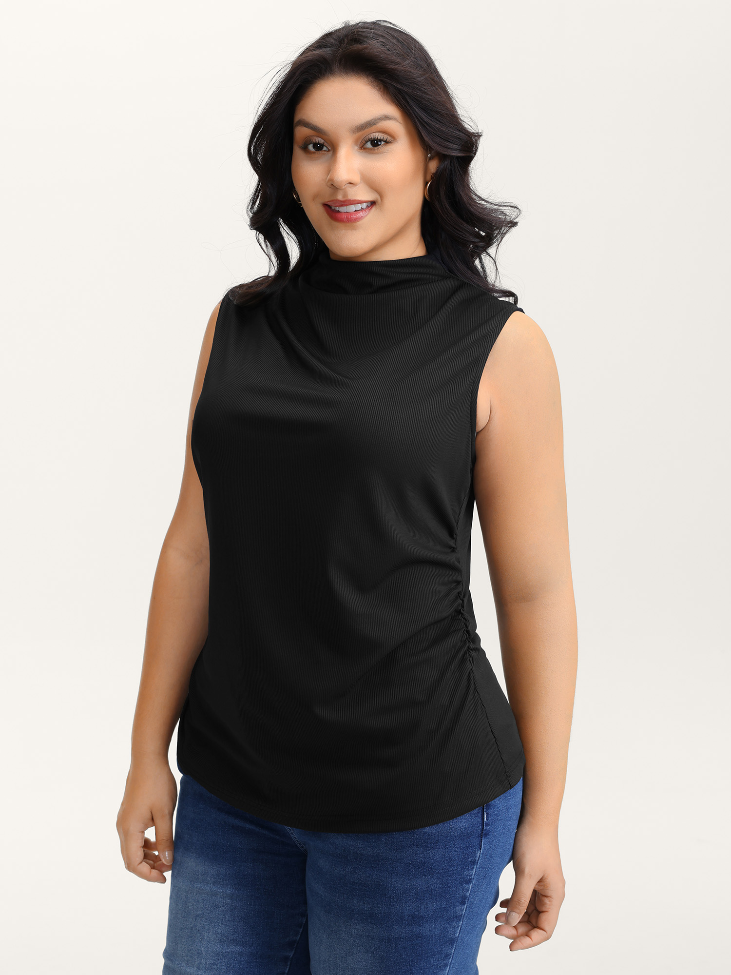 BloomChic Women's Plus Size Asymmetric Gathered Fitted Vest Black Everyday-Elegant Fitted Straight fit Stand Collar 14-16/1X