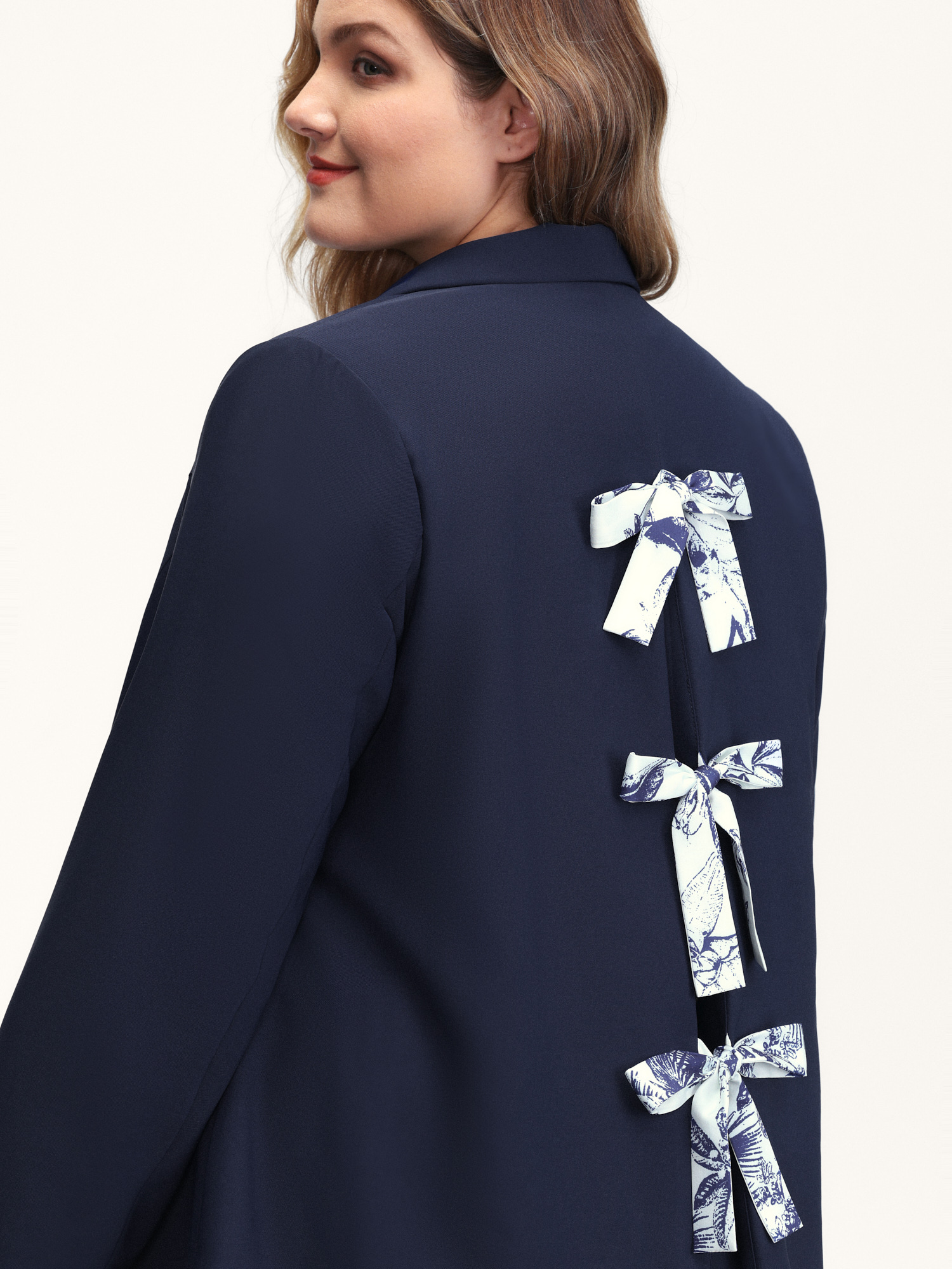BloomChic Women's Plus Size Bowknot Back Split Hem Contrast Blazer DarkBlue Tie knot Sleeve Extra Long Sleeve 28/5X-image-47440051208362