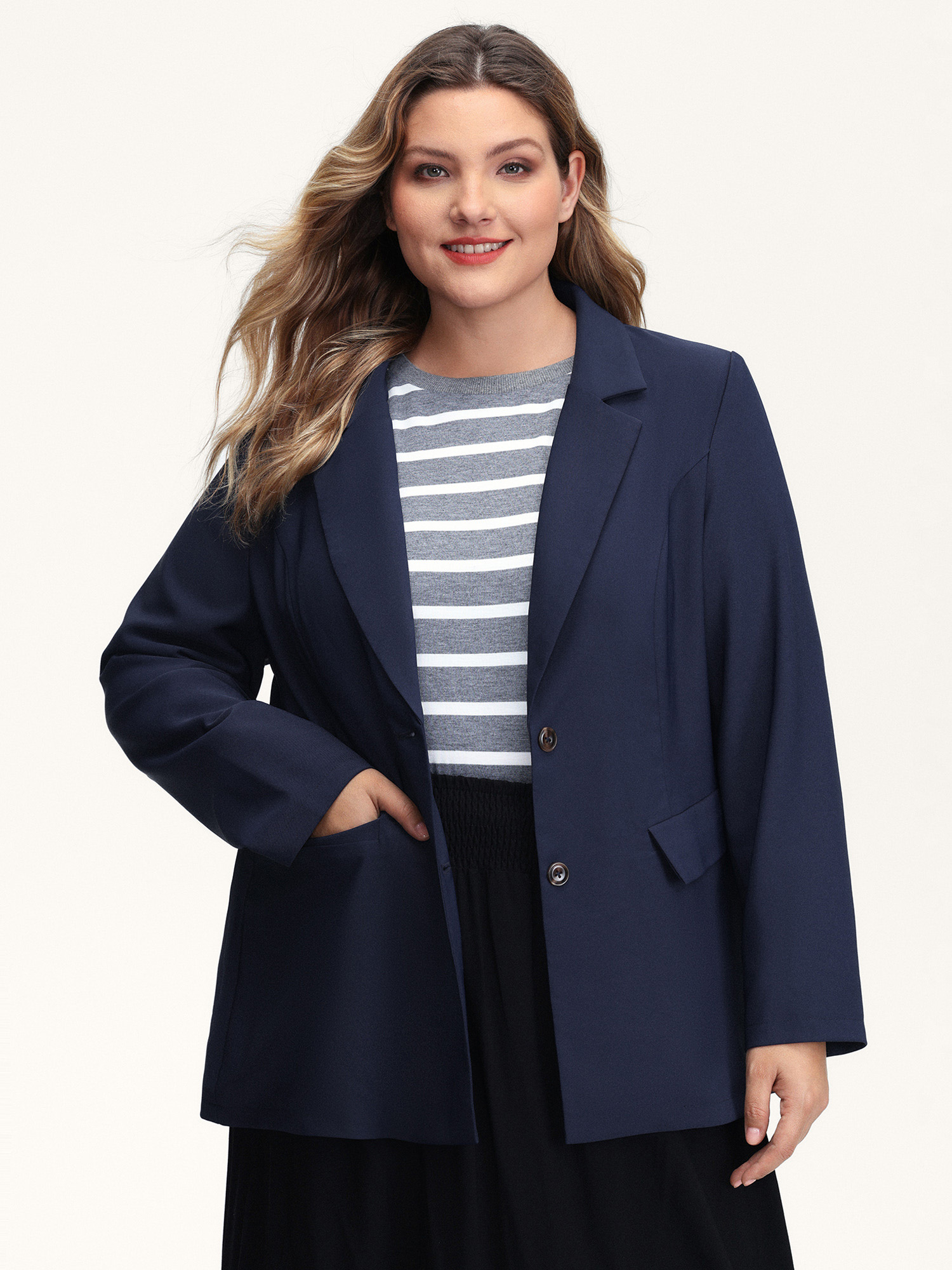 Side view of BloomChic Women's Plus Size Bowknot Back Split Hem Contrast Blazer DarkBlue Tie knot Sleeve Extra Long Sleeve 26/4X
