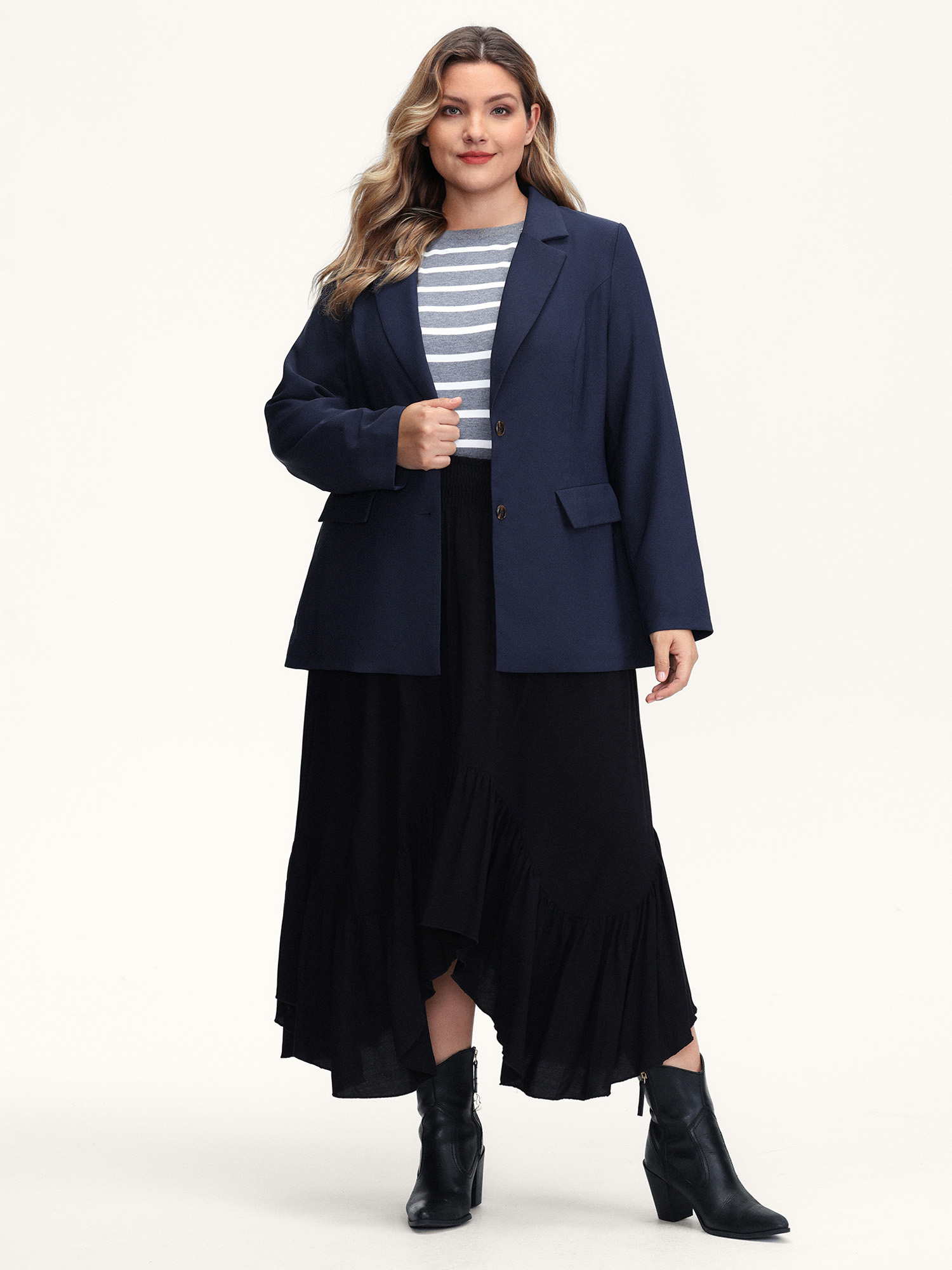 Side view of BloomChic Women's Plus Size Bowknot Back Split Hem Contrast Blazer DarkBlue Tie knot Sleeve Extra Long Sleeve 26/4X