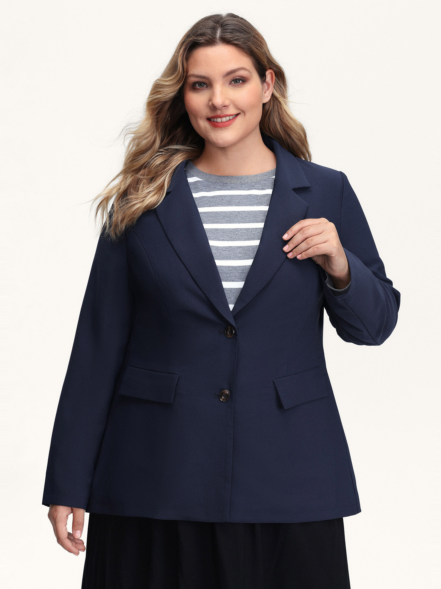 Side view of BloomChic Women's Plus Size Bowknot Back Split Hem Contrast Blazer DarkBlue Tie knot Sleeve Extra Long Sleeve 26/4X