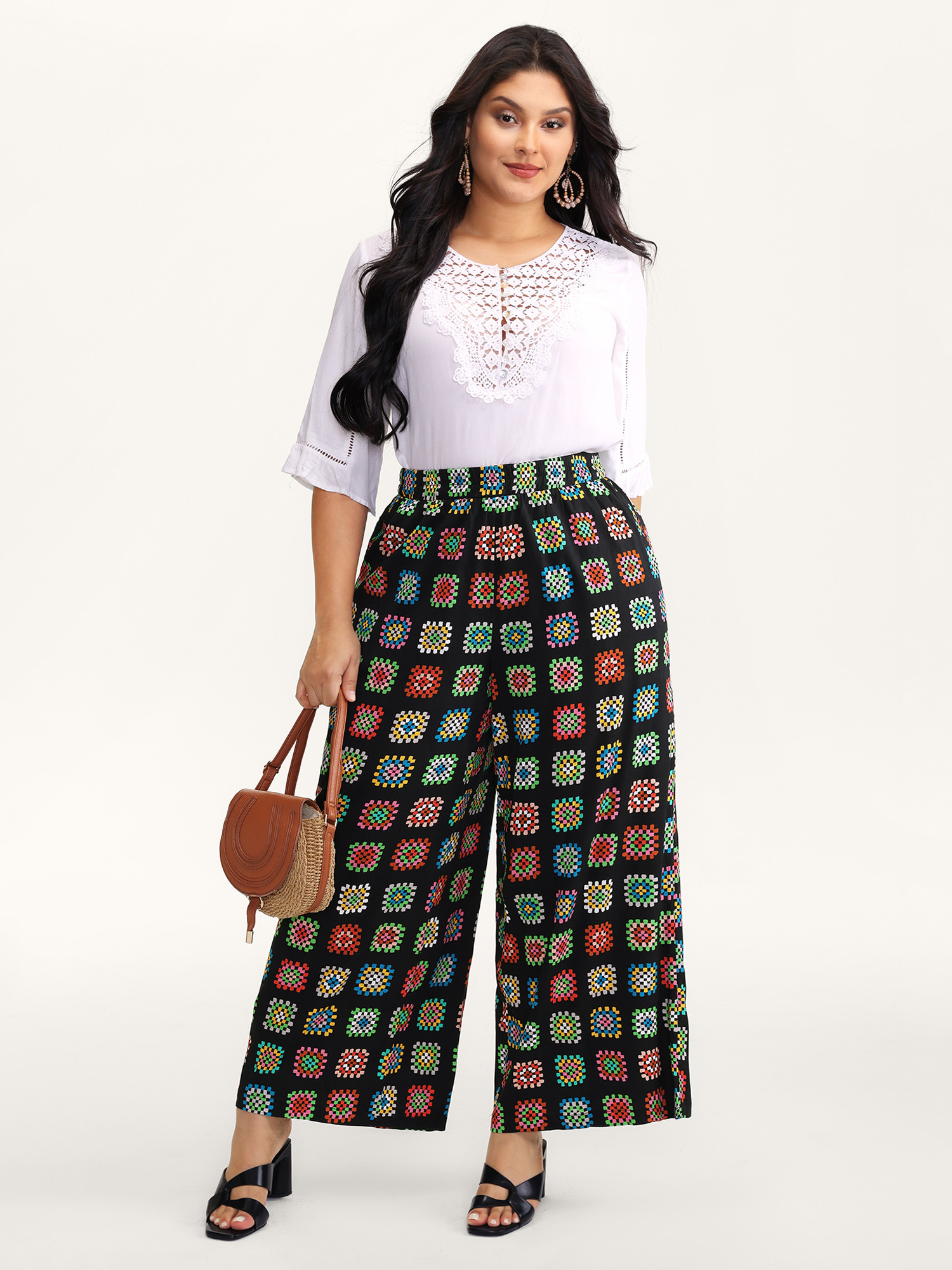 BloomChic Women's Plus Size Floral Collage Colorful Wide-Leg Pants Multicolor Floral Wide leg Mid Rise 10/M
