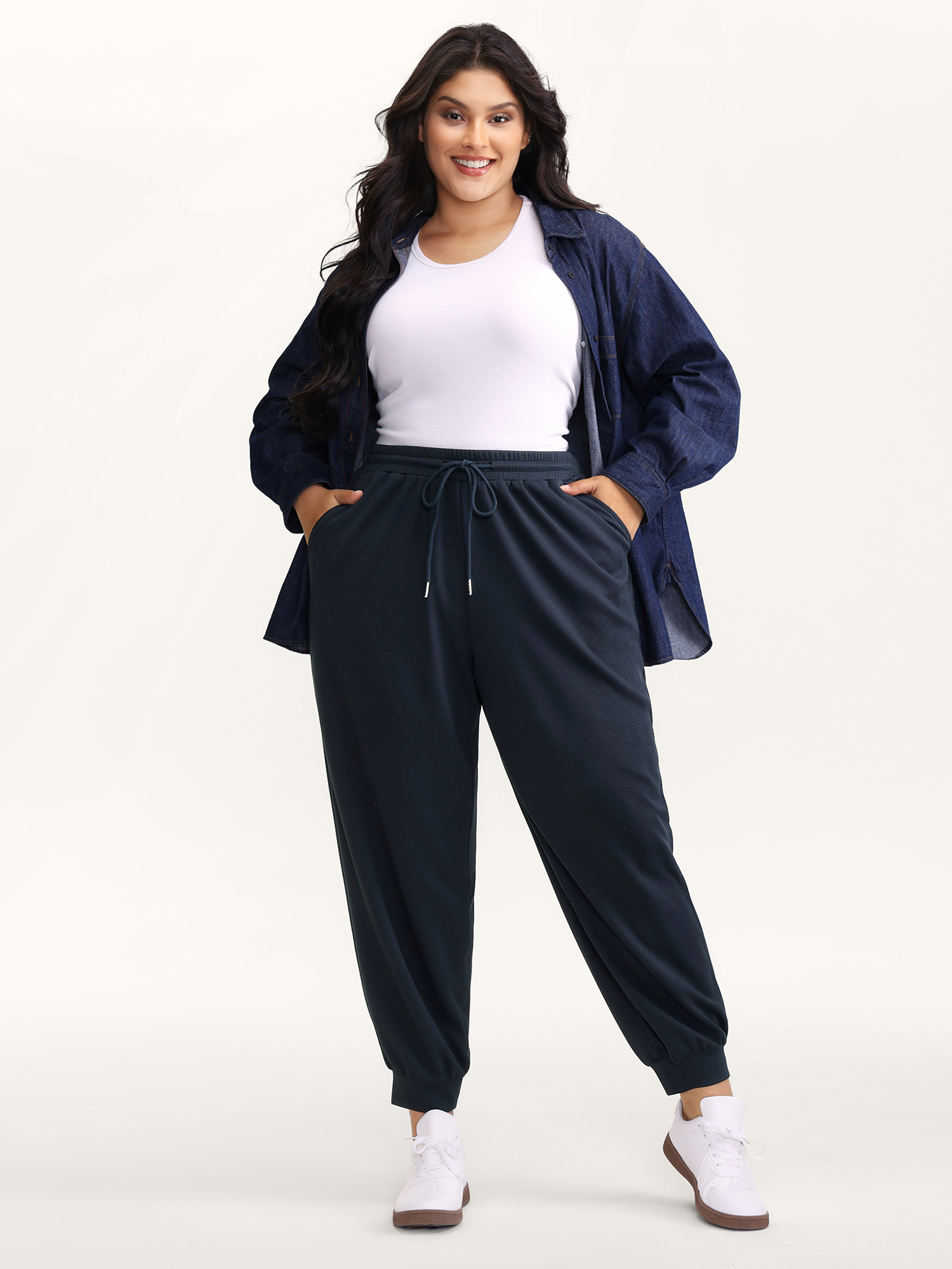 BloomChic Women's Plus Size Textured Waist Drawstring Jogger Pants Baritone Blue Solid Jogger High Rise 10/M