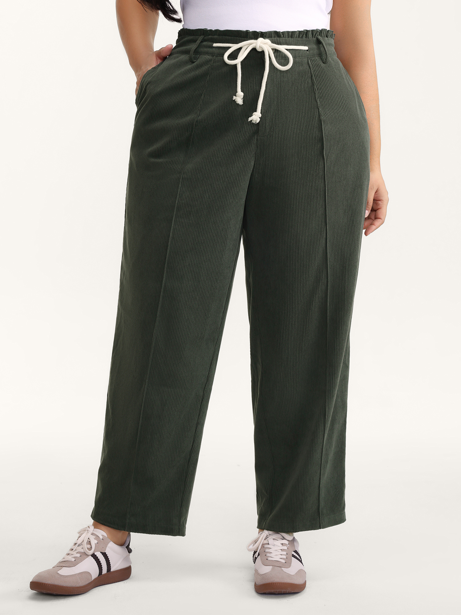 BloomChic Women's Plus Size Textured Drawstring Waist Pleated Pants DarkSlateGray Wide leg Mid Rise 10/M