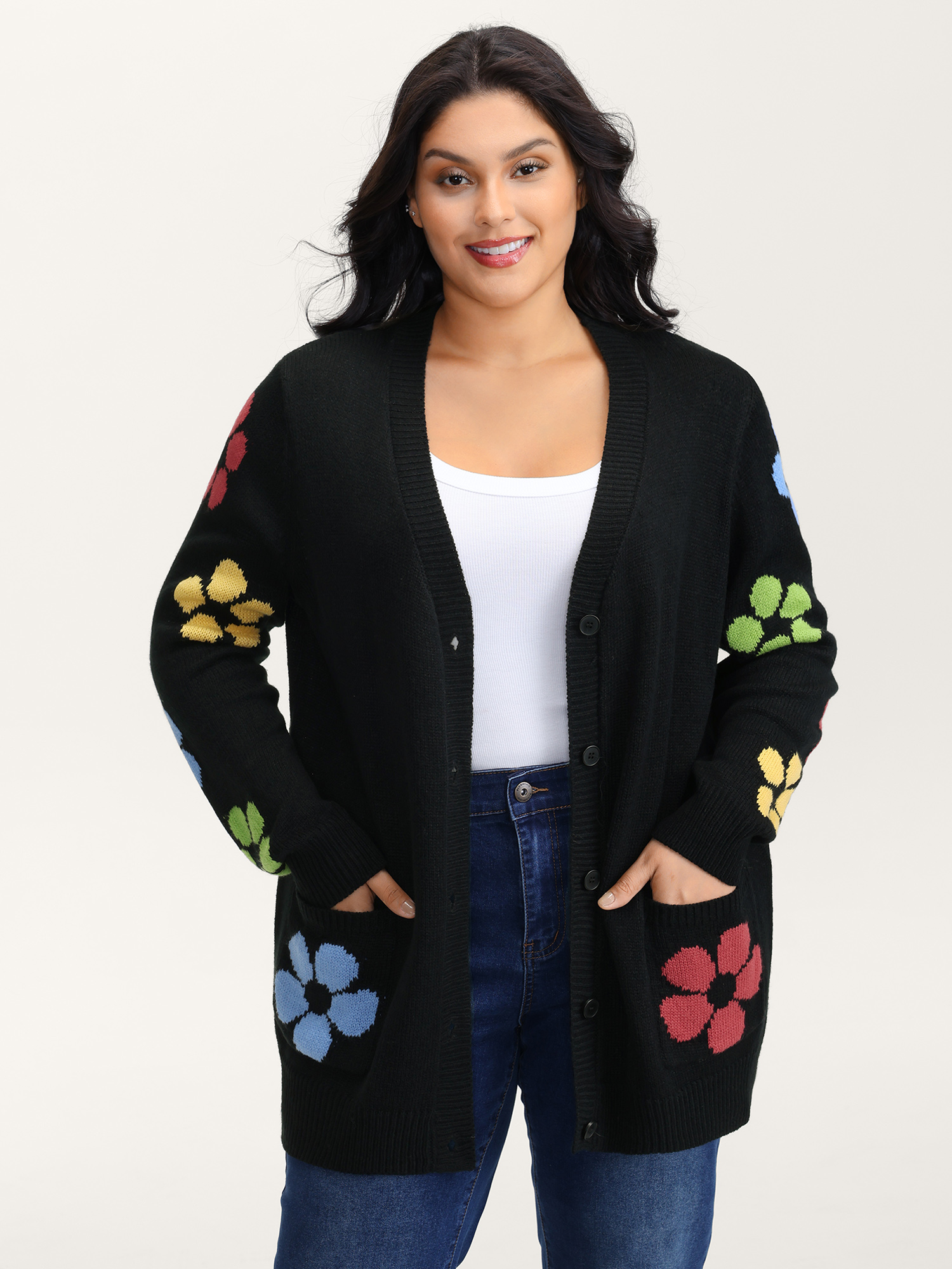 BloomChic Women's Plus Size Colorful Floral Pattern Button Knit Cardigan Black Long Sleeve 18-20/2X