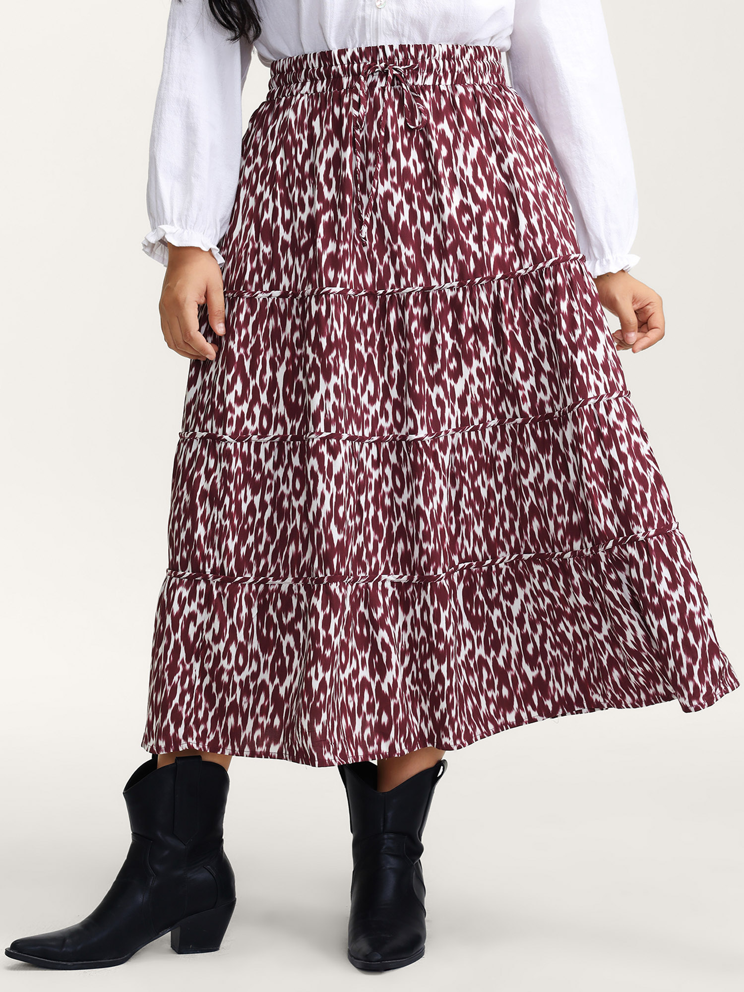 BloomChic Women's Plus Size Colorful Leopard Print Drawstring Maxi Skirt Burgundy Drawstring Flared Everyday-Elegant 10/M