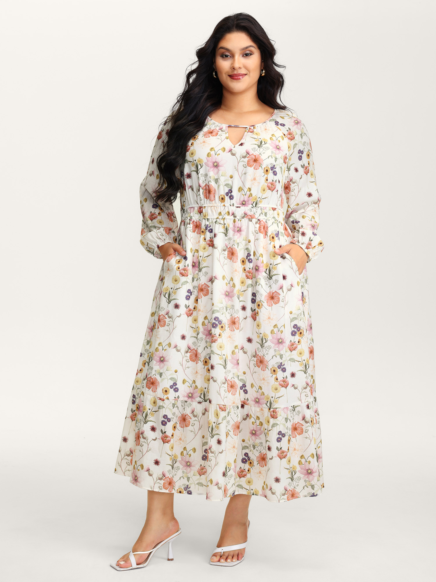 BloomChic Women's Plus Size Floral Print Rayon Cut-Out Neck Maxi Dress Beige Floral Maxi Everyday-Elegant 10/M